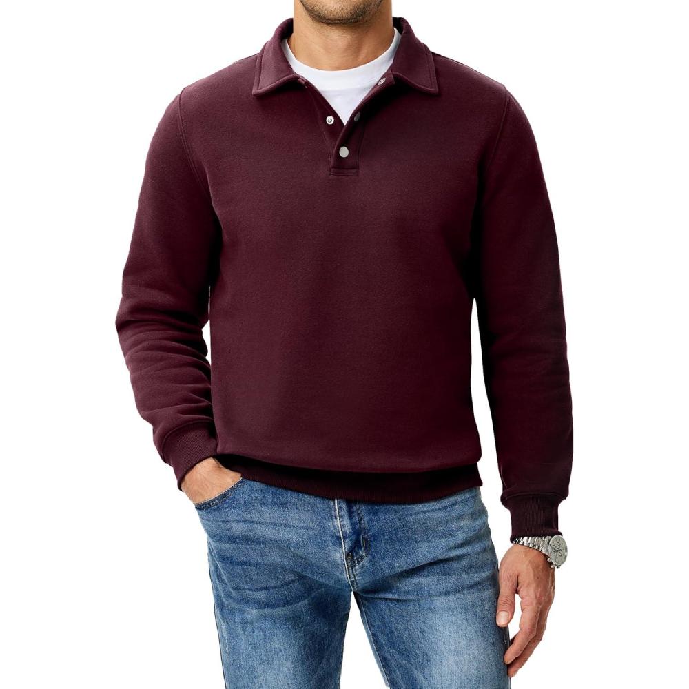 imageJMIERR Mens Casual Cotton Polo Sweatshirts Long Sleeve Button Collared Pullover ShirtsRed