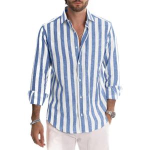 JMIERR Men’s Cotton Shirts Casual Long Sleeve Button-Down Striped Dress Shirt(1 Sky Blue/White)