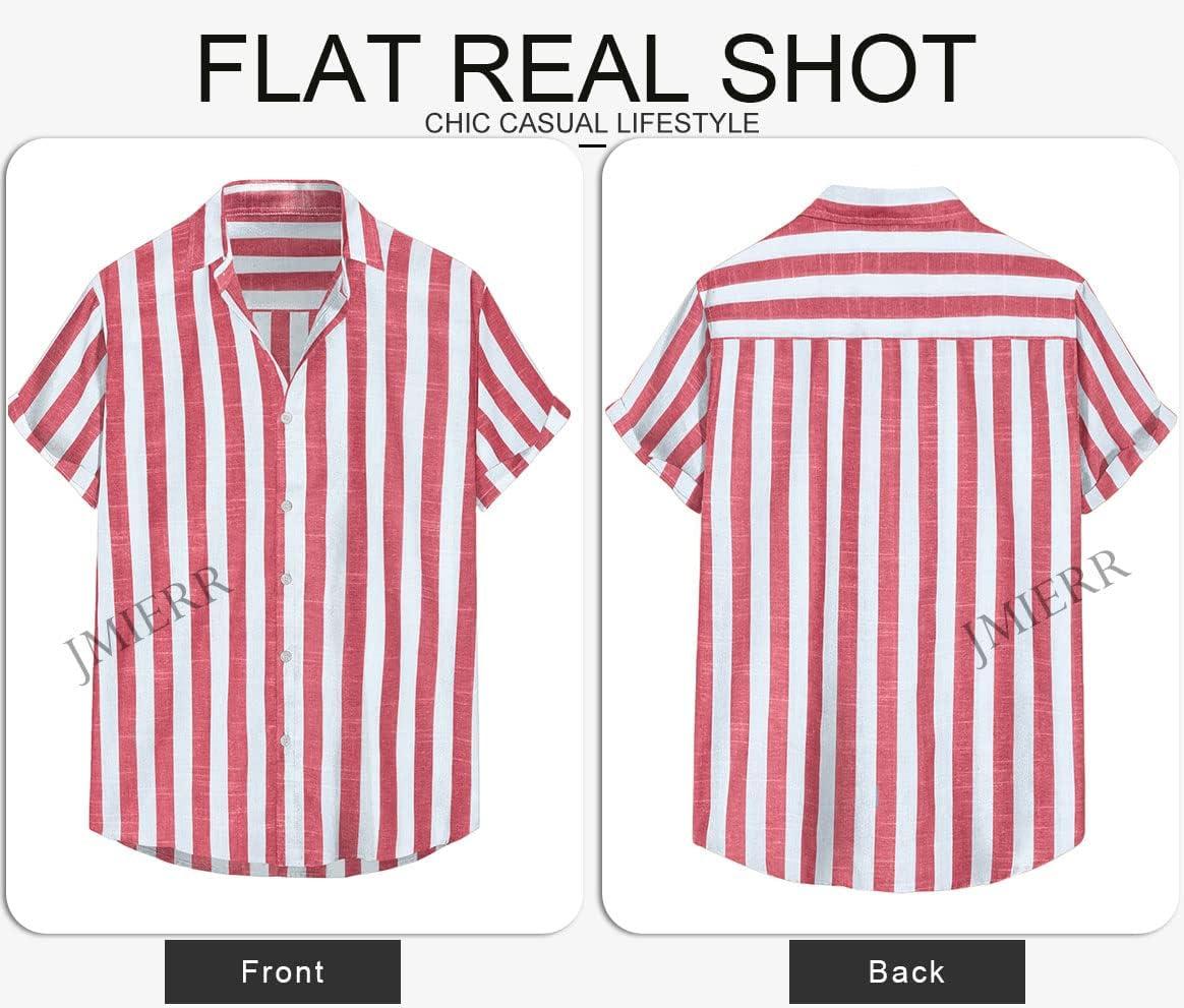 imageJMIERR Mens Casual Stylish Short Sleeve ButtonUp Striped Dress Shirt Cotton Beach ShirtsA Red