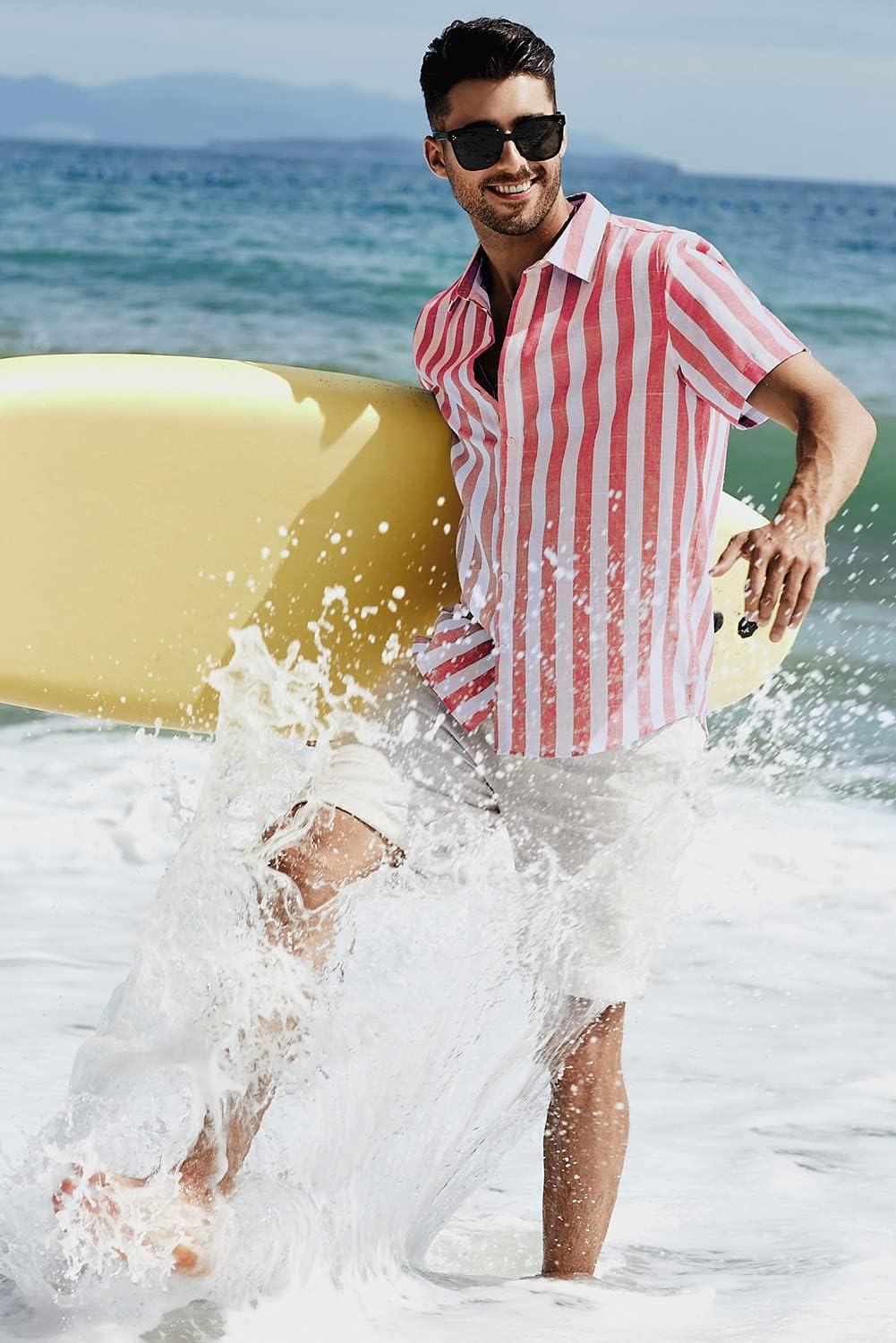 imageJMIERR Mens Casual Stylish Short Sleeve ButtonUp Striped Dress Shirt Cotton Beach ShirtsA Red