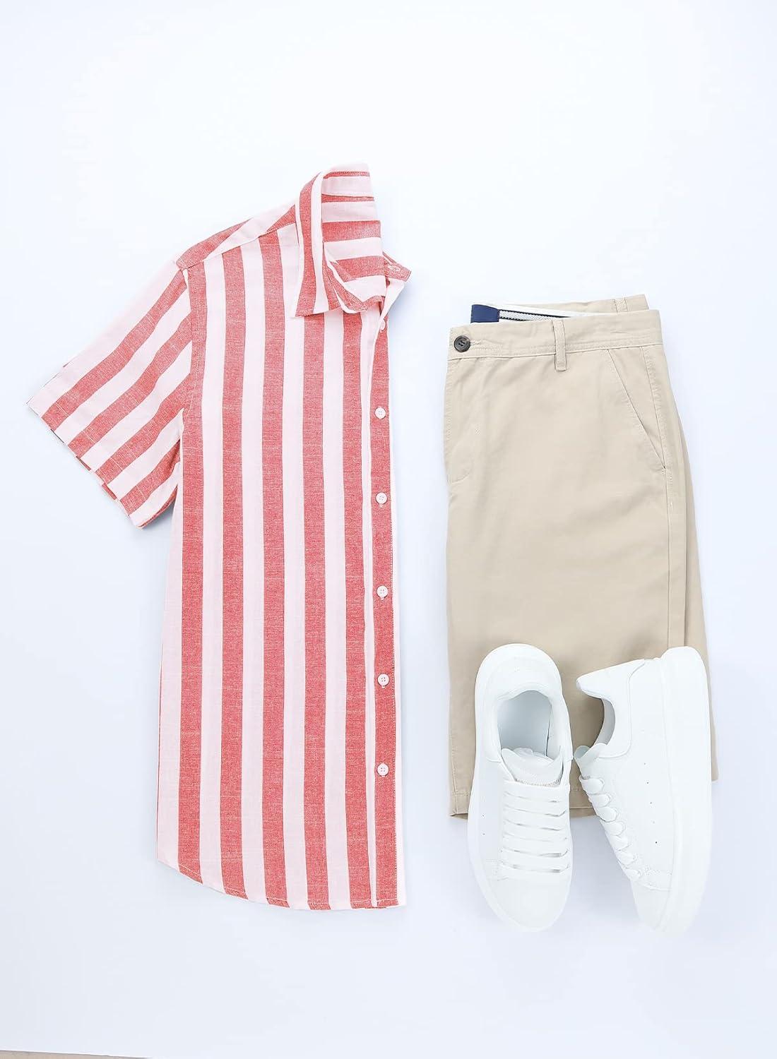 imageJMIERR Mens Casual Stylish Short Sleeve ButtonUp Striped Dress Shirt Cotton Beach ShirtsA Red