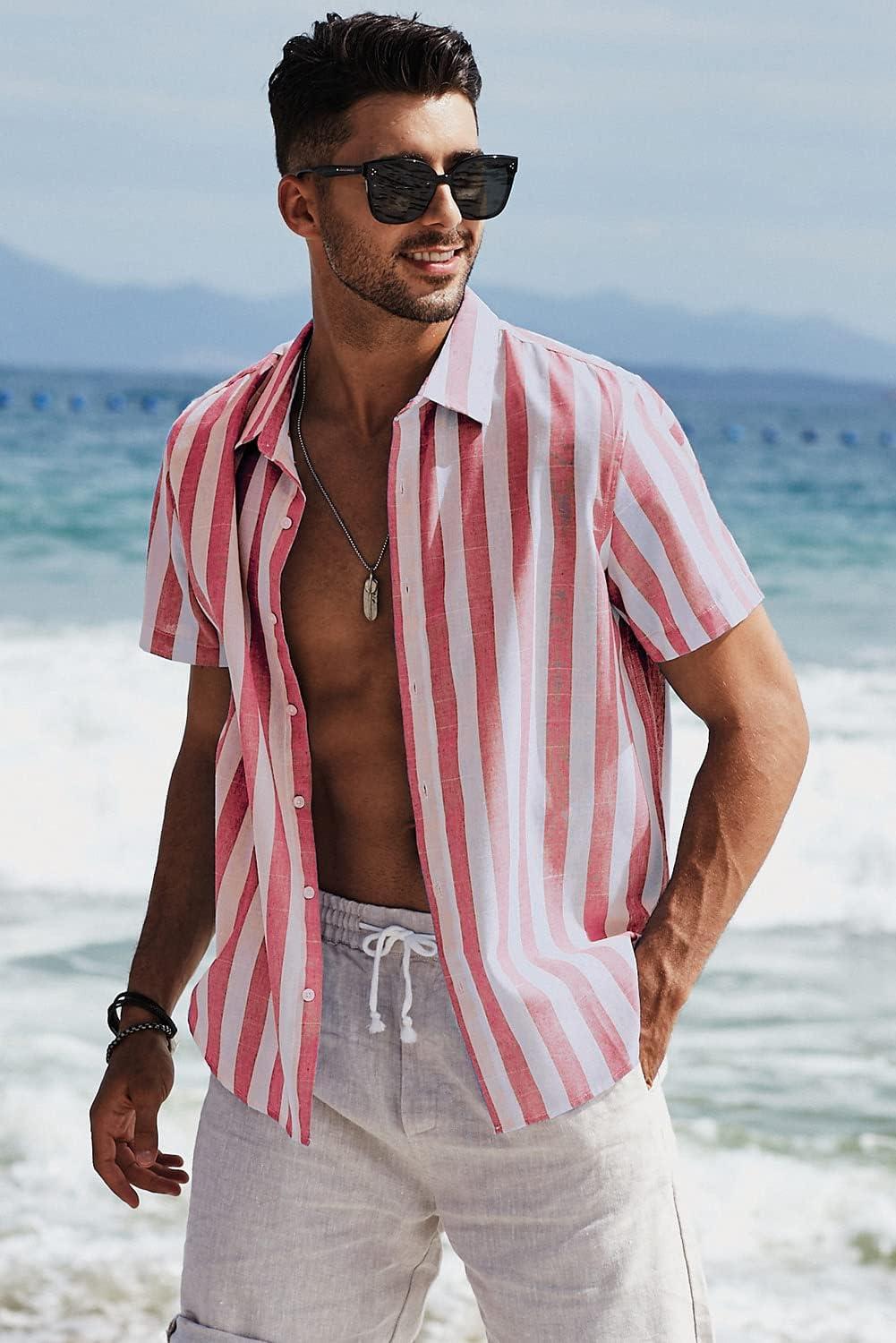 imageJMIERR Mens Casual Stylish Short Sleeve ButtonUp Striped Dress Shirt Cotton Beach ShirtsA Red