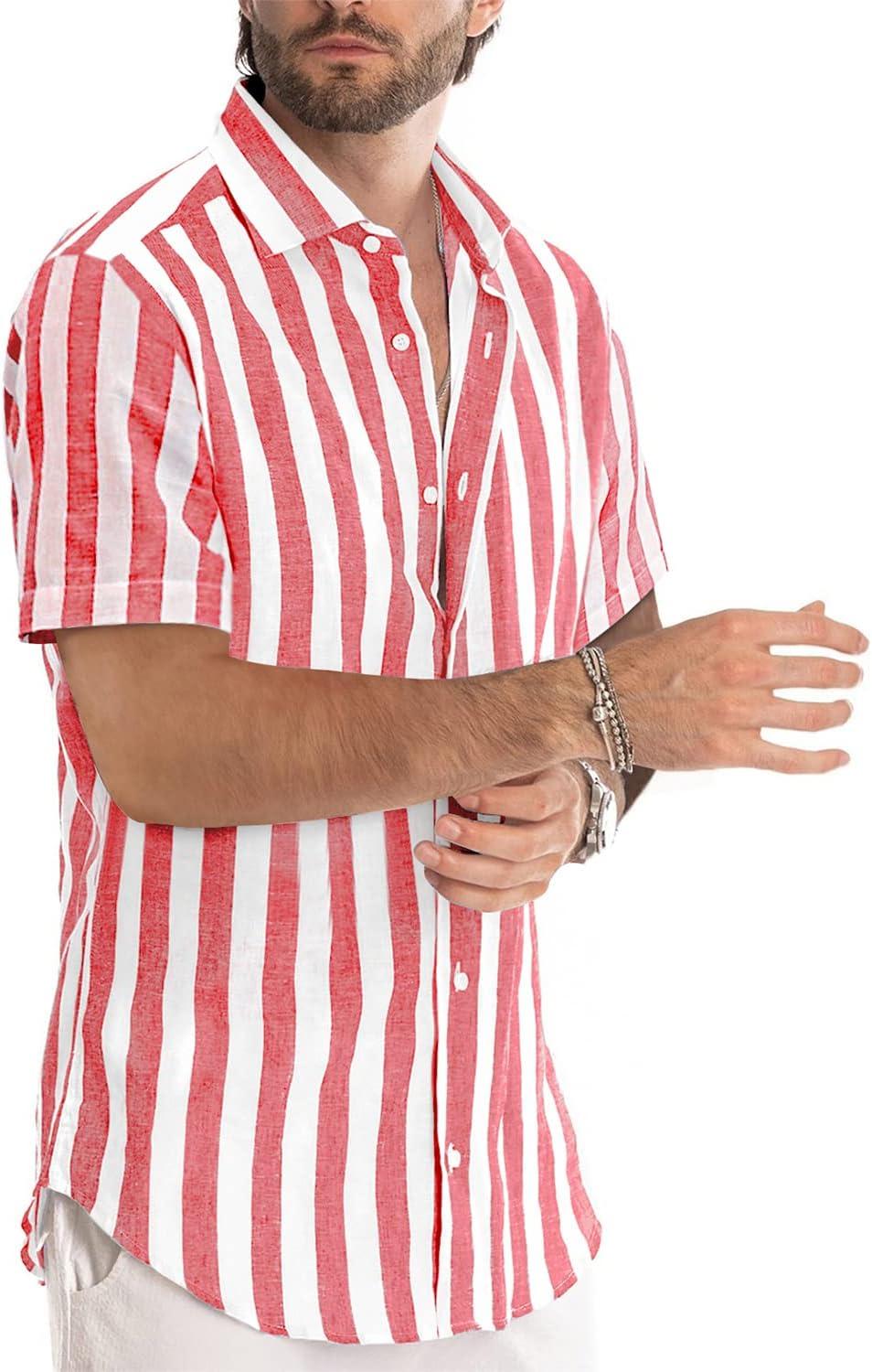 imageJMIERR Mens Casual Stylish Short Sleeve ButtonUp Striped Dress Shirt Cotton Beach ShirtsA Red