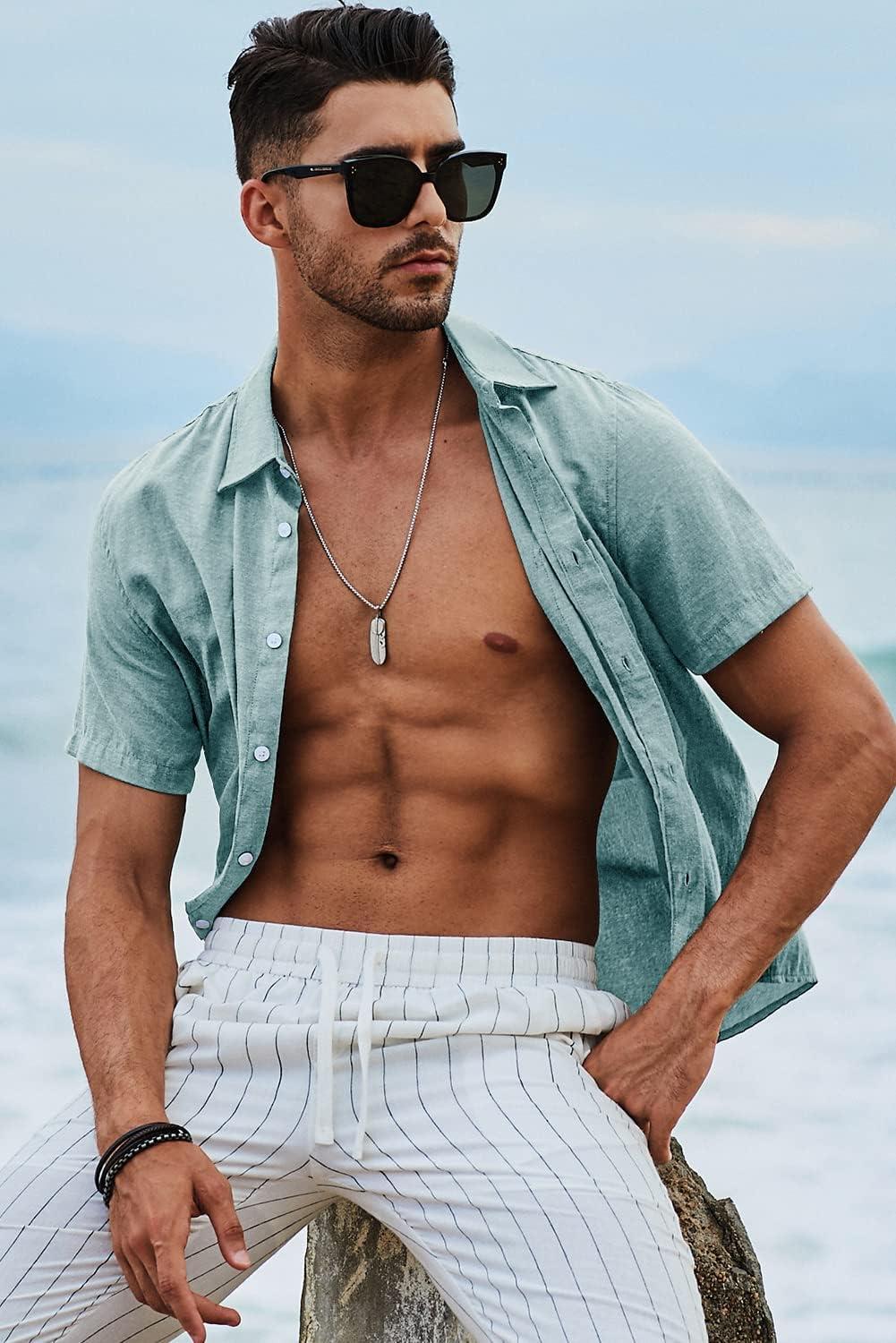 imageJMIERR Mens Casual Stylish Short Sleeve ButtonUp Striped Dress Shirt Cotton Beach ShirtsB Green2