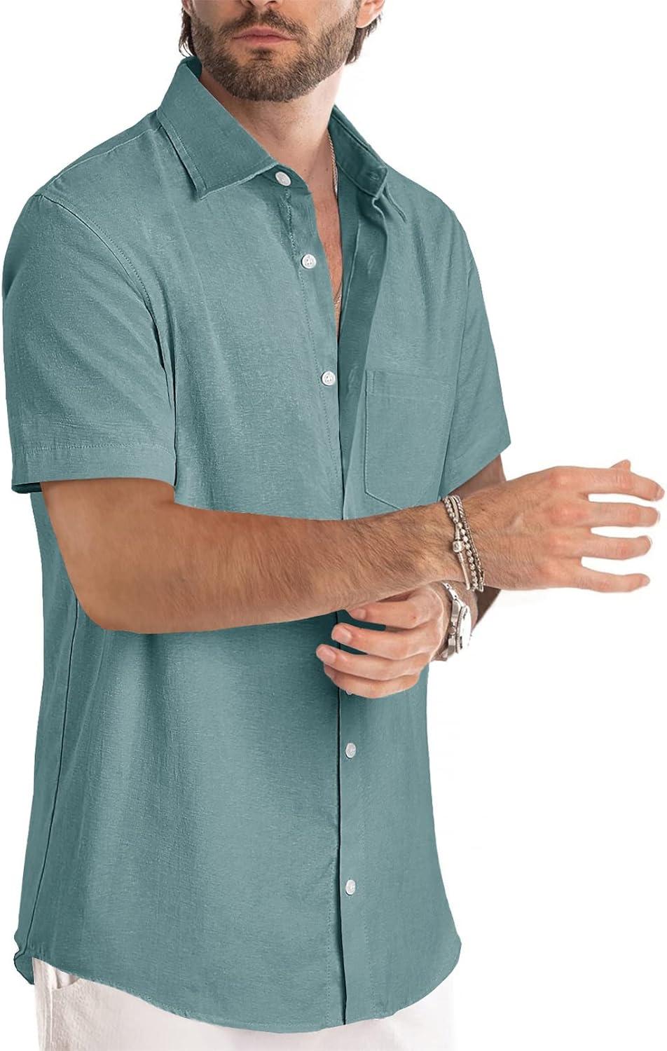 imageJMIERR Mens Casual Stylish Short Sleeve ButtonUp Striped Dress Shirt Cotton Beach ShirtsB Green2