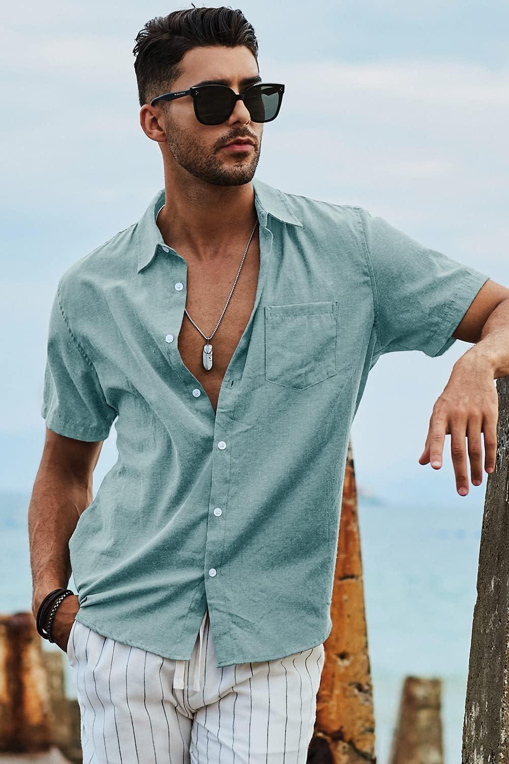 imageJMIERR Mens Casual Stylish Short Sleeve ButtonUp Striped Dress Shirt Cotton Beach ShirtsB Green2
