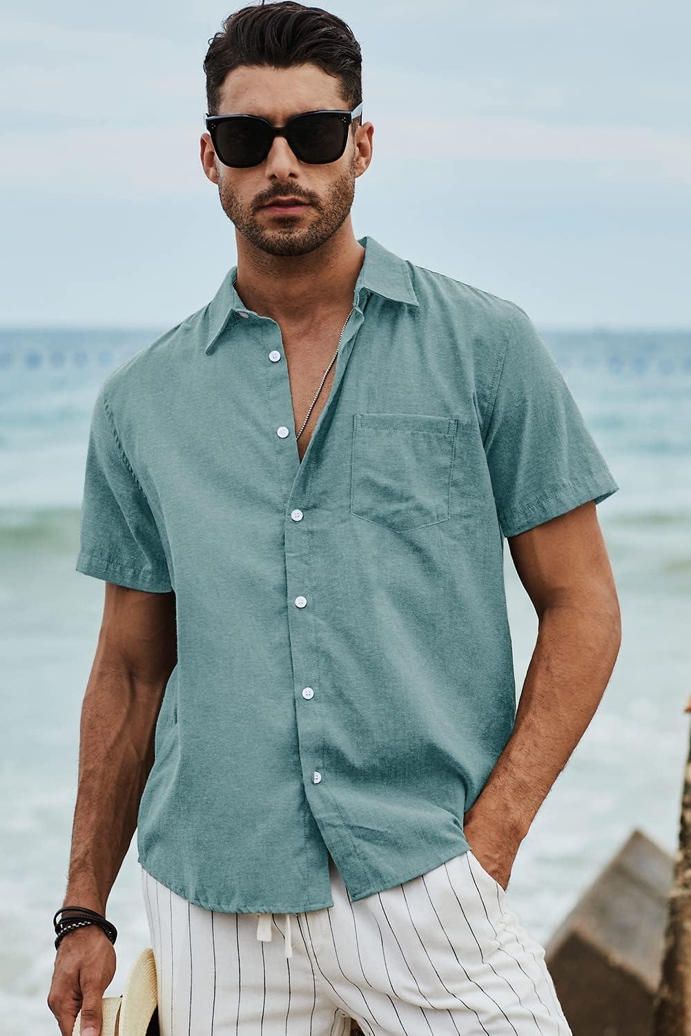 imageJMIERR Mens Casual Stylish Short Sleeve ButtonUp Striped Dress Shirt Cotton Beach ShirtsB Green2