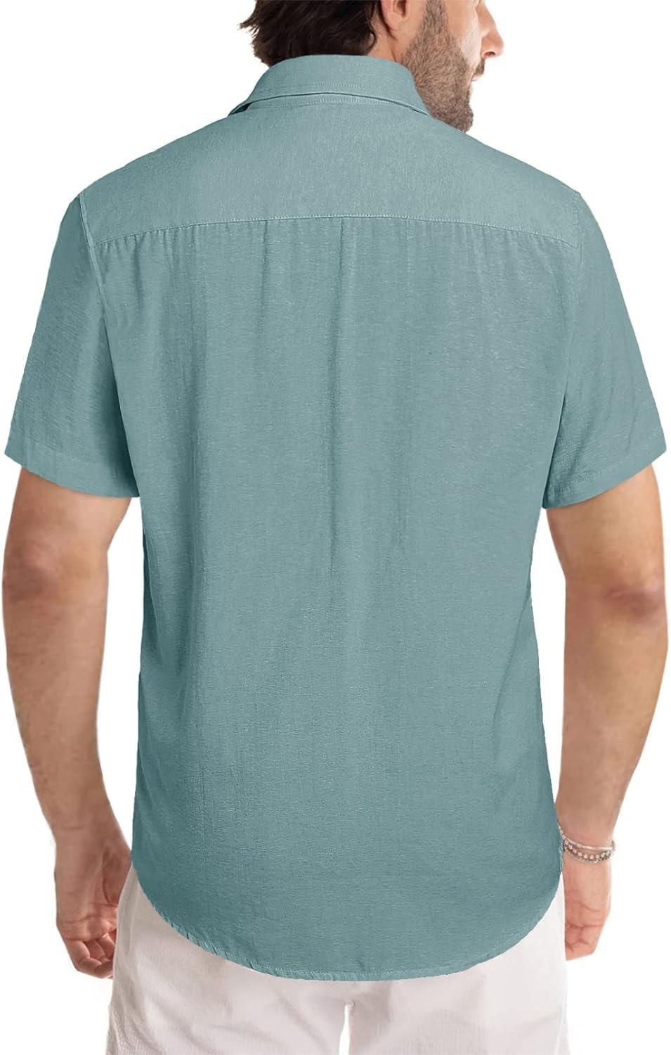 imageJMIERR Mens Casual Stylish Short Sleeve ButtonUp Striped Dress Shirt Cotton Beach ShirtsB Green2