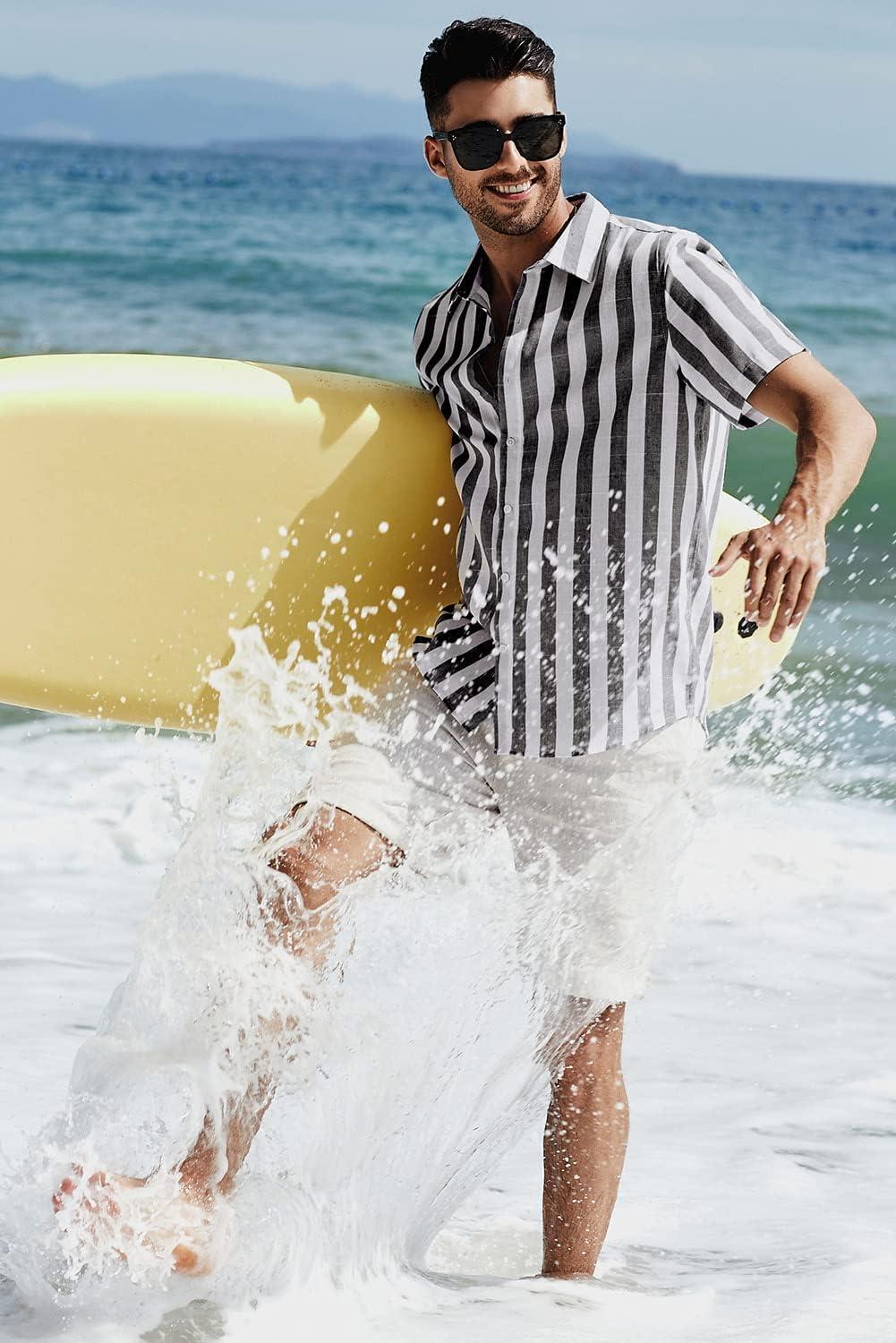 imageJMIERR Mens Casual Stylish Short Sleeve ButtonUp Striped Dress Shirt Cotton Beach ShirtsBlack Stripe