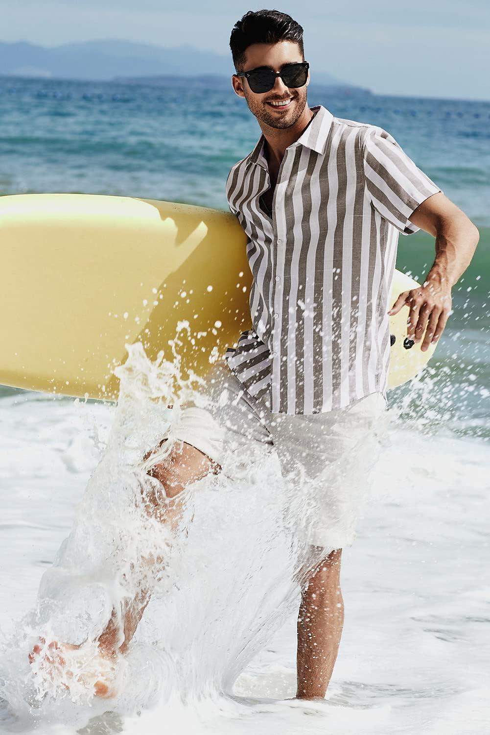 imageJMIERR Mens Casual Stylish Short Sleeve ButtonUp Striped Dress Shirt Cotton Beach ShirtsBrown Stripe