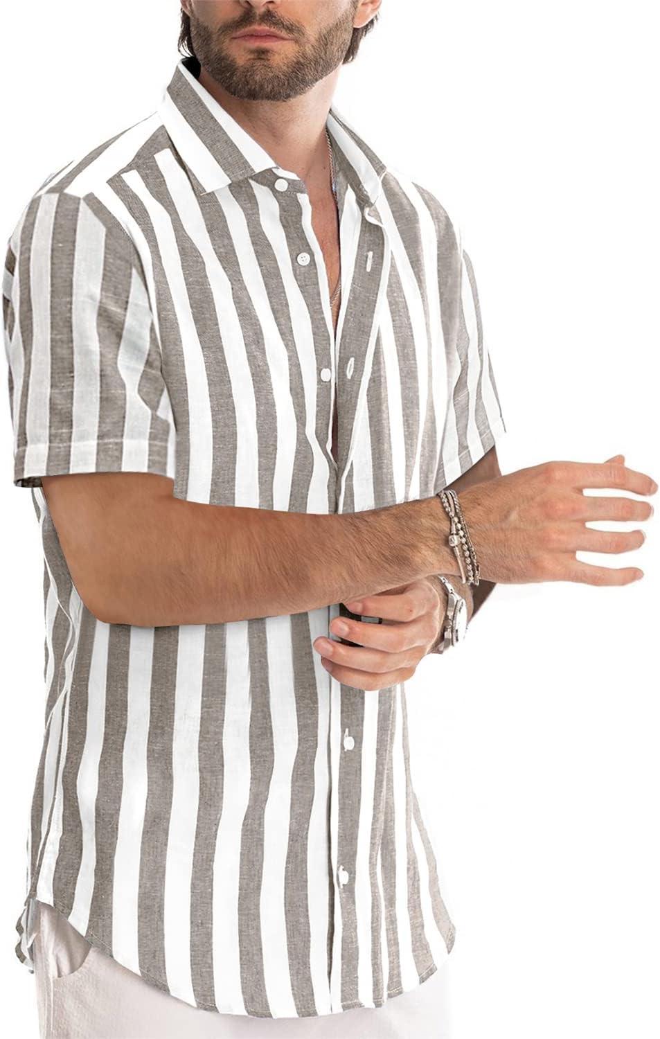 imageJMIERR Mens Casual Stylish Short Sleeve ButtonUp Striped Dress Shirt Cotton Beach ShirtsBrown Stripe