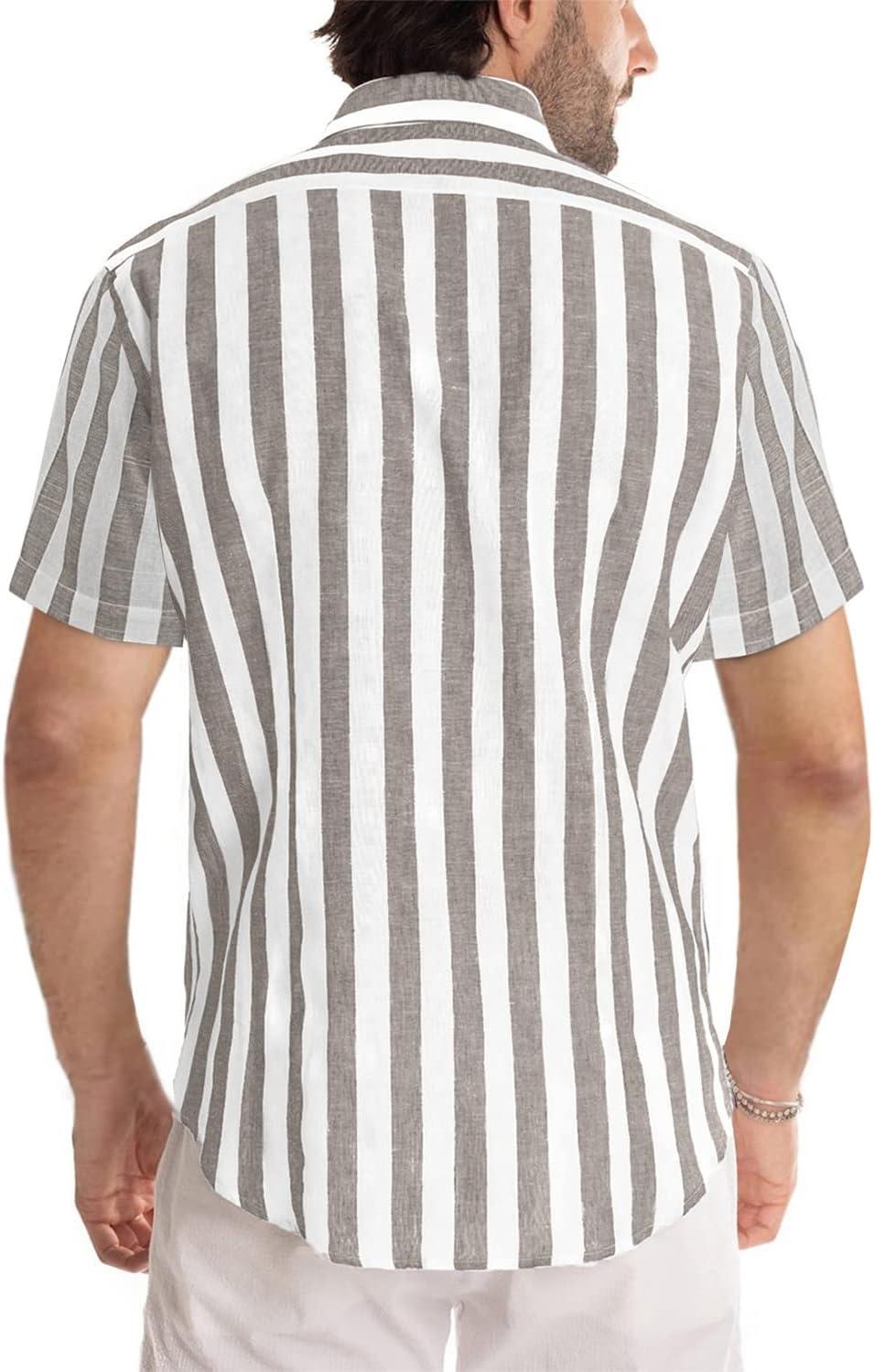 imageJMIERR Mens Casual Stylish Short Sleeve ButtonUp Striped Dress Shirt Cotton Beach ShirtsBrown Stripe