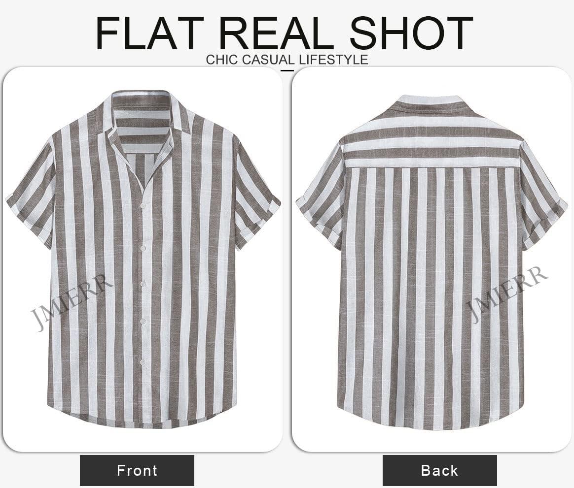 imageJMIERR Mens Casual Stylish Short Sleeve ButtonUp Striped Dress Shirt Cotton Beach ShirtsBrown Stripe