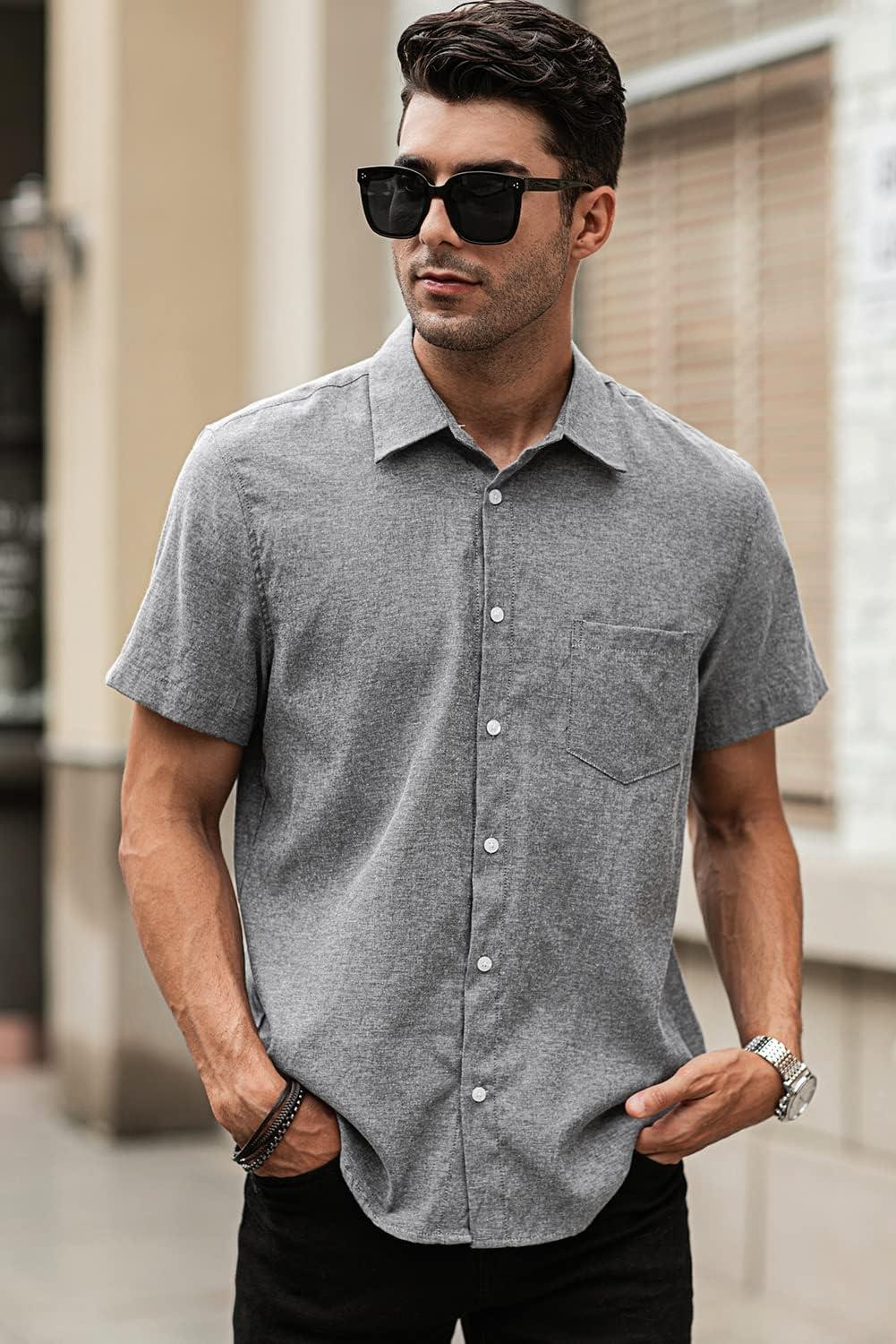imageJMIERR Mens Casual Stylish Short Sleeve ButtonUp Striped Dress Shirt Cotton Beach ShirtsDark Grey