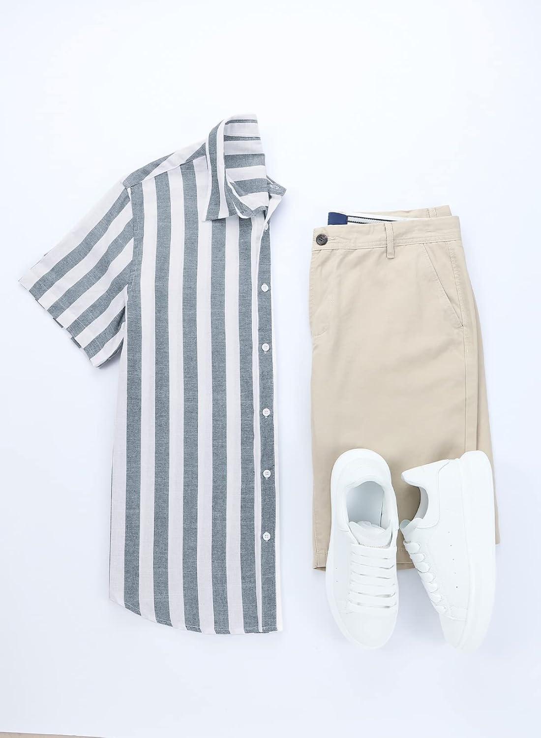 imageJMIERR Mens Casual Stylish Short Sleeve ButtonUp Striped Dress Shirt Cotton Beach ShirtsGrey Blue Stripe