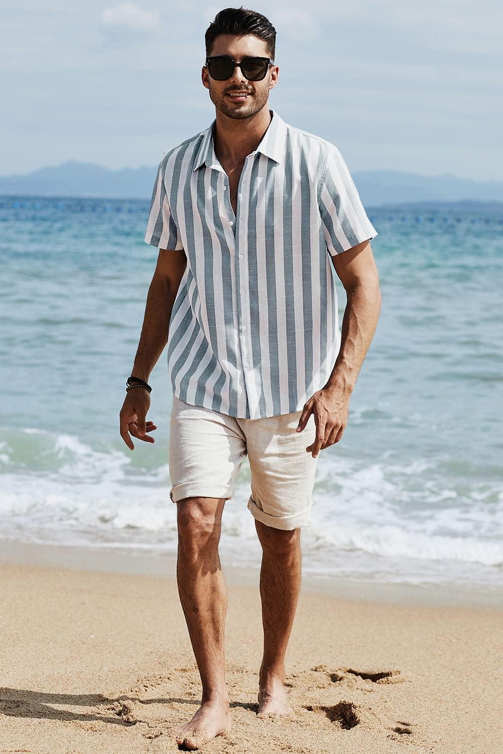 imageJMIERR Mens Casual Stylish Short Sleeve ButtonUp Striped Dress Shirt Cotton Beach ShirtsGrey Blue Stripe