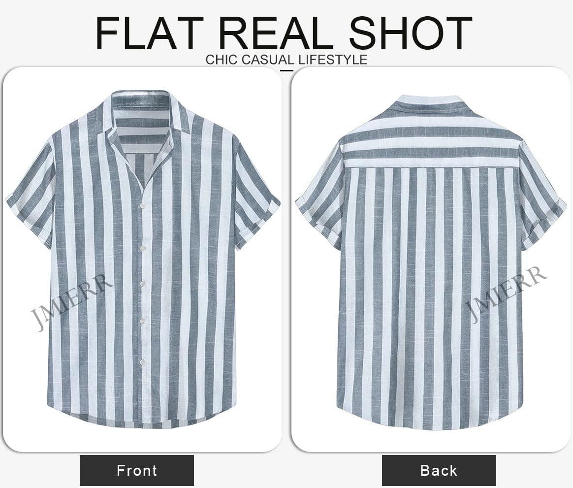 imageJMIERR Mens Casual Stylish Short Sleeve ButtonUp Striped Dress Shirt Cotton Beach ShirtsGrey Blue Stripe