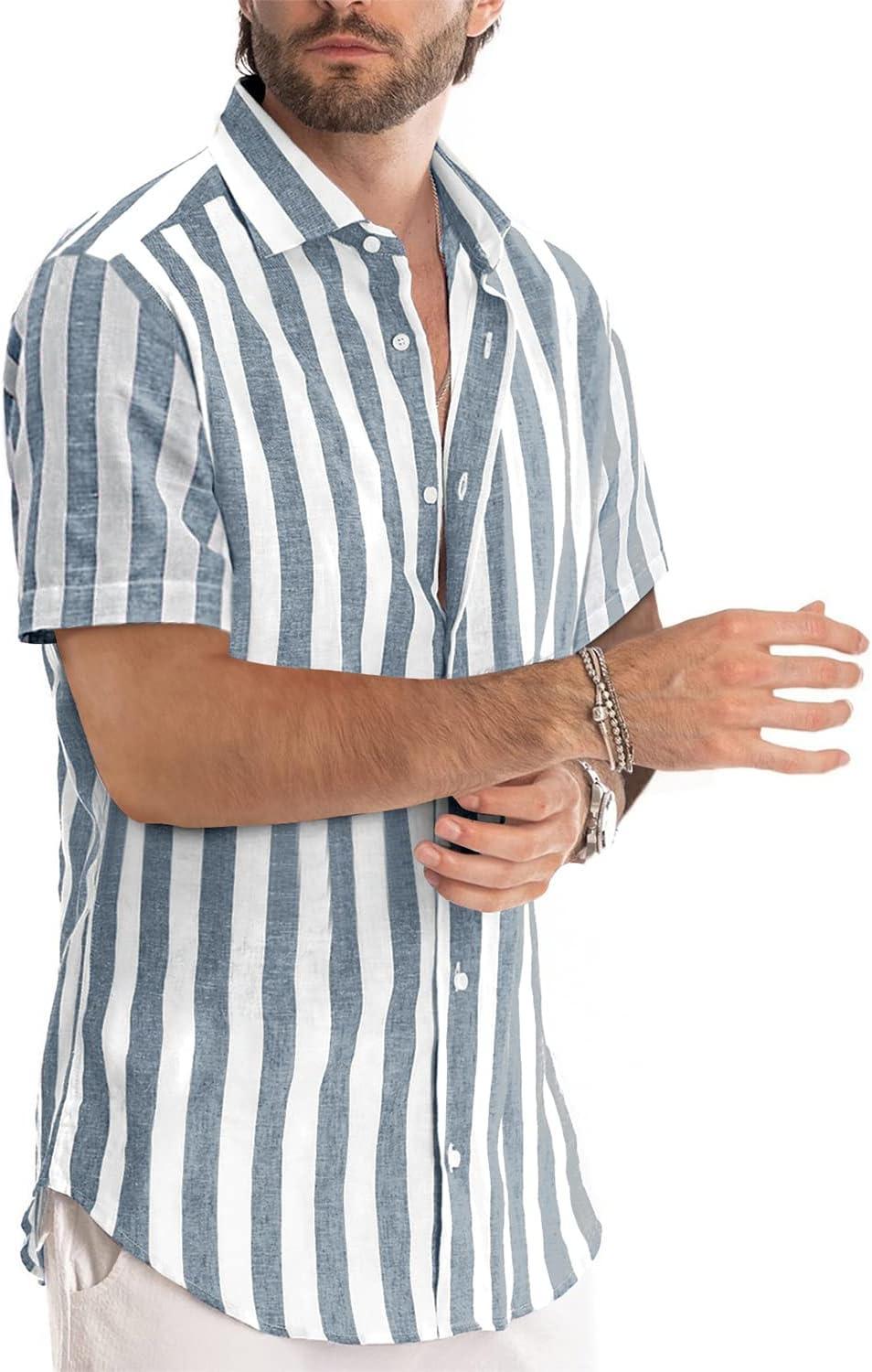 imageJMIERR Mens Casual Stylish Short Sleeve ButtonUp Striped Dress Shirt Cotton Beach ShirtsGrey Blue Stripe