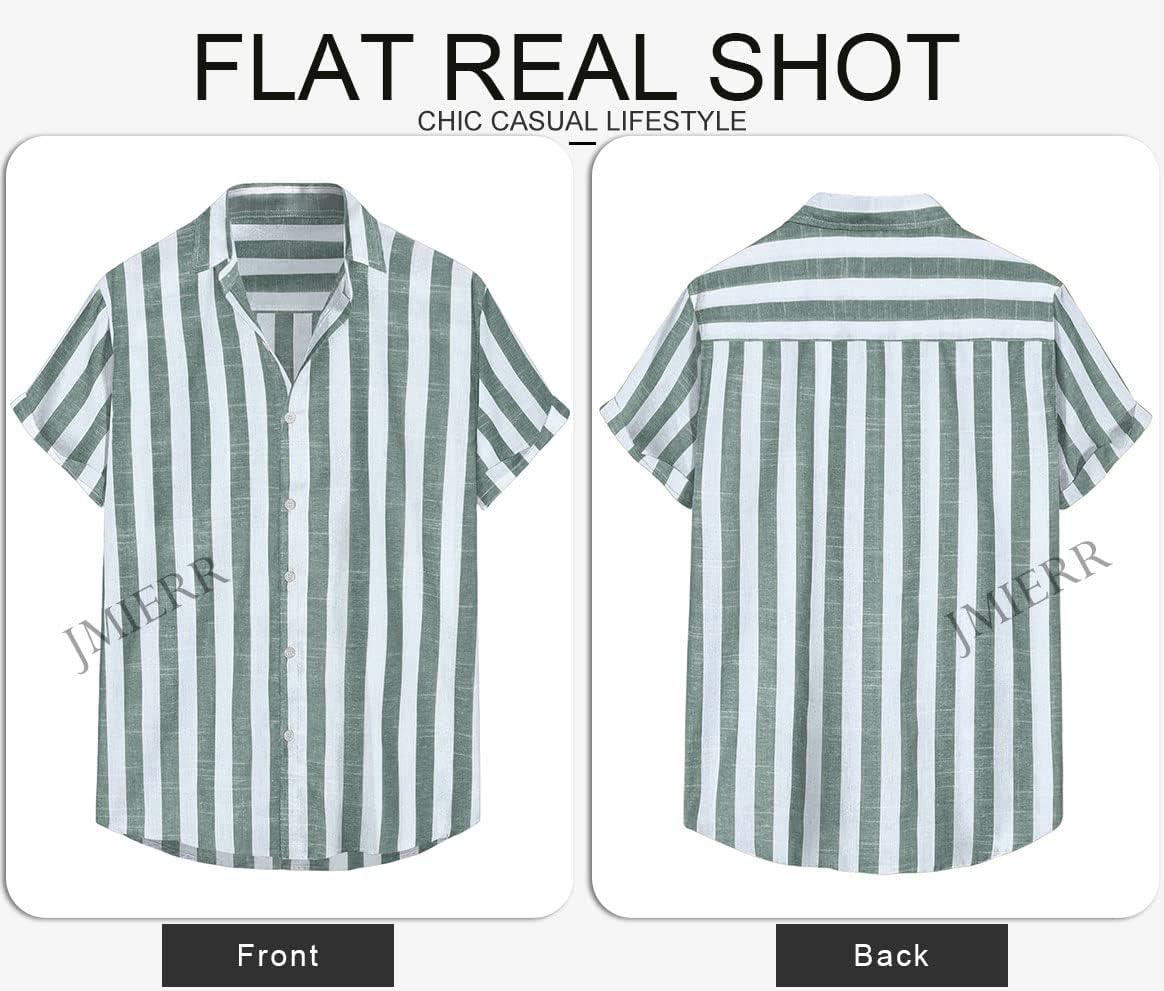 imageJMIERR Mens Casual Stylish Short Sleeve ButtonUp Striped Dress Shirt Cotton Beach ShirtsGrey Green Stripe