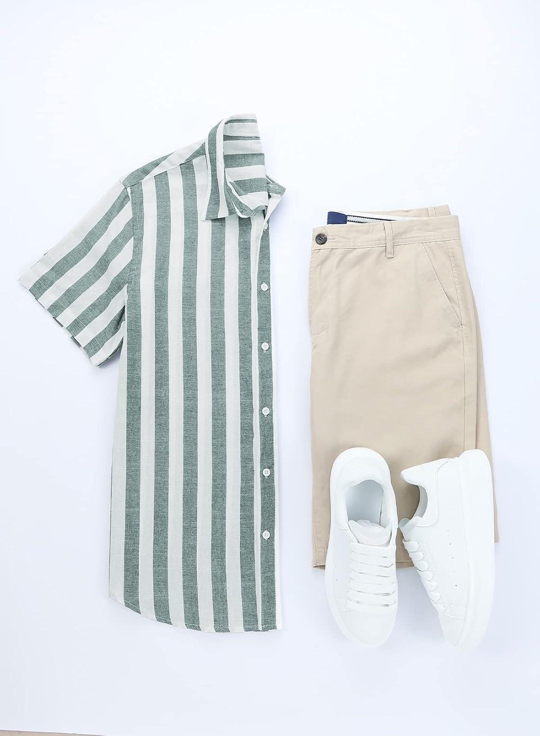 imageJMIERR Mens Casual Stylish Short Sleeve ButtonUp Striped Dress Shirt Cotton Beach ShirtsGrey Green Stripe
