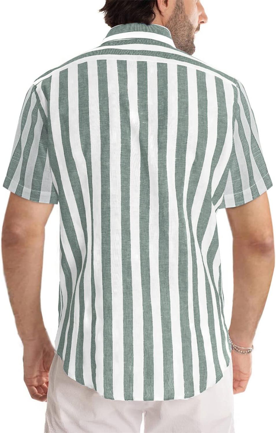 imageJMIERR Mens Casual Stylish Short Sleeve ButtonUp Striped Dress Shirt Cotton Beach ShirtsGrey Green Stripe