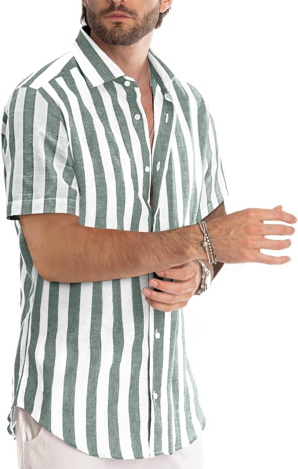 imageJMIERR Mens Casual Stylish Short Sleeve ButtonUp Striped Dress Shirt Cotton Beach ShirtsGrey Green Stripe