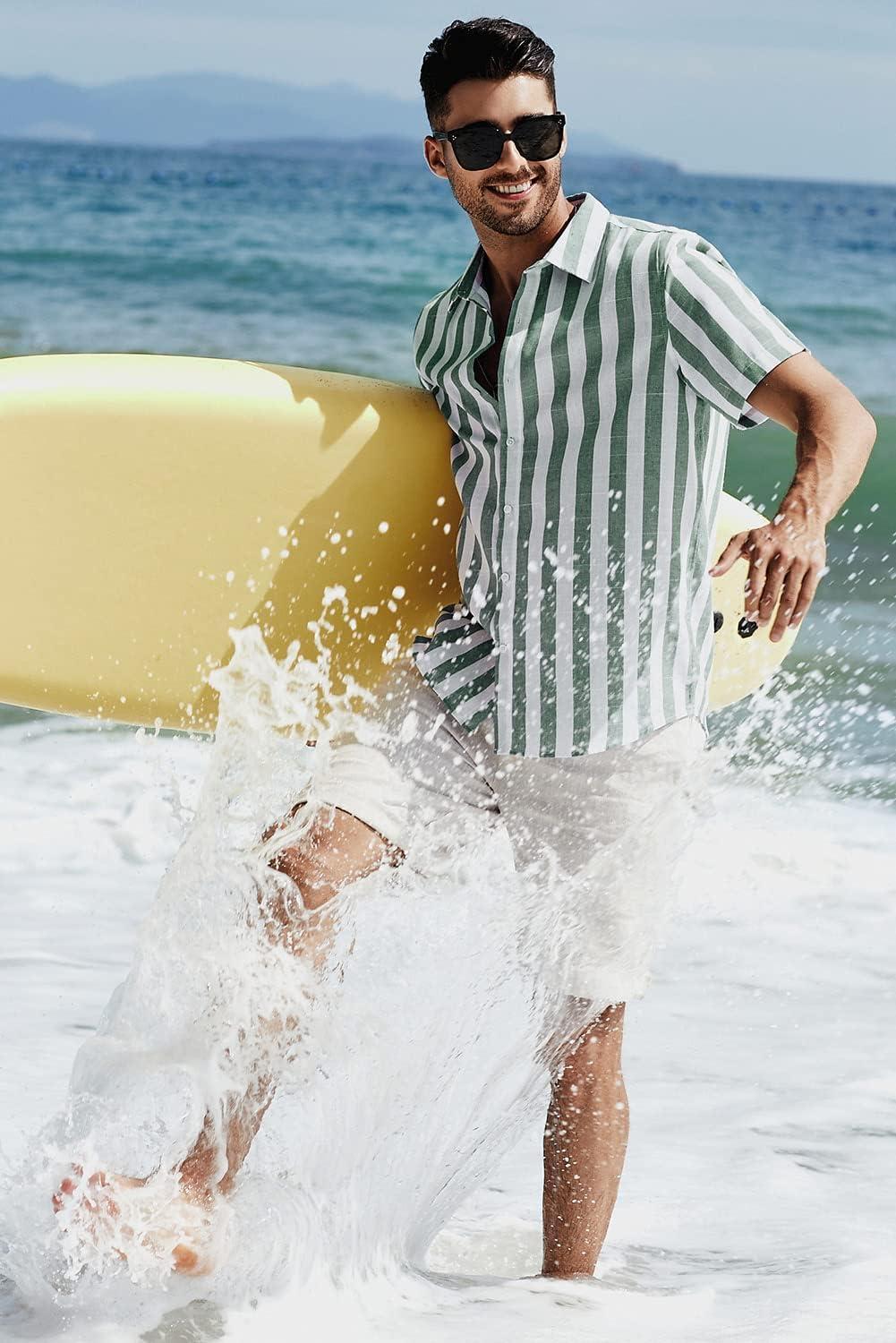 imageJMIERR Mens Casual Stylish Short Sleeve ButtonUp Striped Dress Shirt Cotton Beach ShirtsGrey Green Stripe