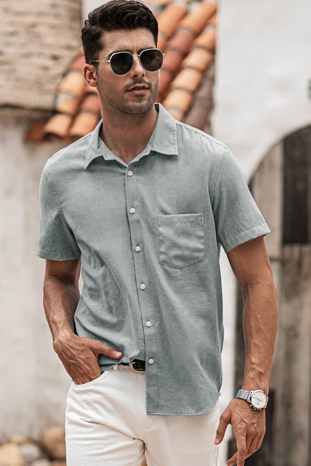 imageJMIERR Mens Casual Stylish Short Sleeve ButtonUp Striped Dress Shirt Cotton Beach ShirtsLight Grey