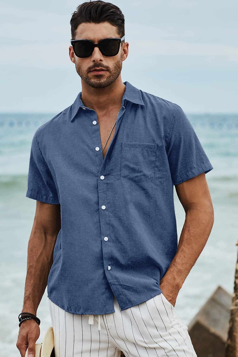 imageJMIERR Mens Casual Stylish Short Sleeve ButtonUp Striped Dress Shirt Cotton Beach ShirtsNavy Blue