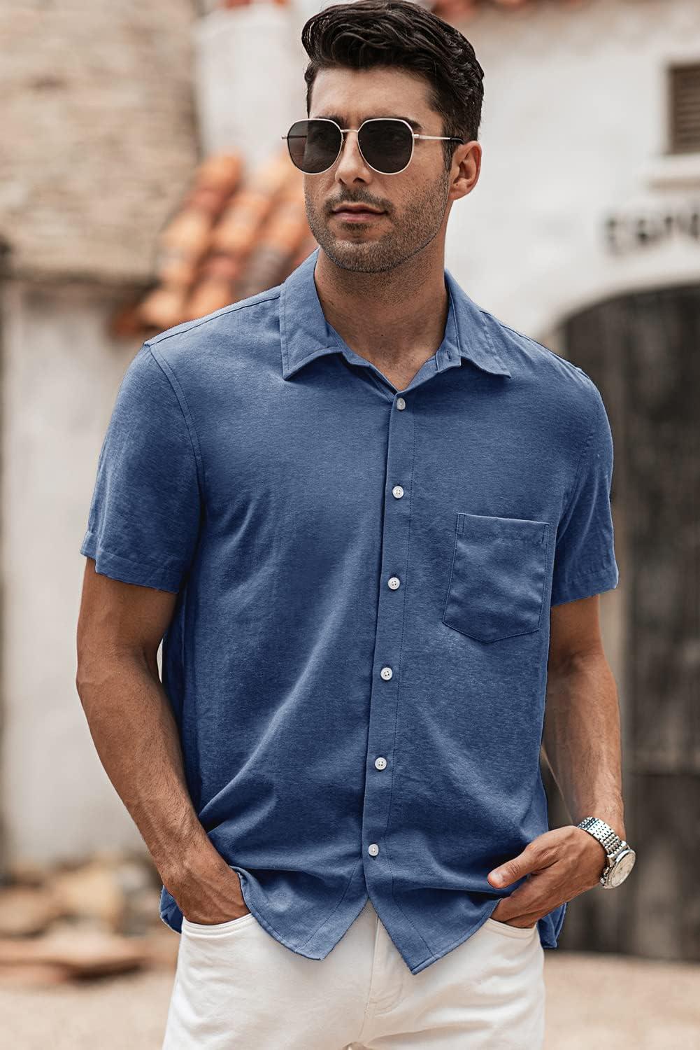 imageJMIERR Mens Casual Stylish Short Sleeve ButtonUp Striped Dress Shirt Cotton Beach ShirtsNavy Blue