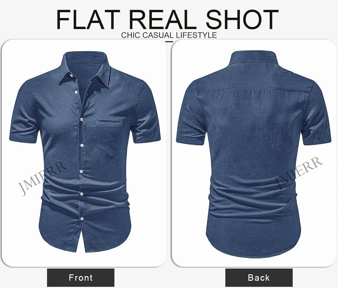 imageJMIERR Mens Casual Stylish Short Sleeve ButtonUp Striped Dress Shirt Cotton Beach ShirtsNavy Blue