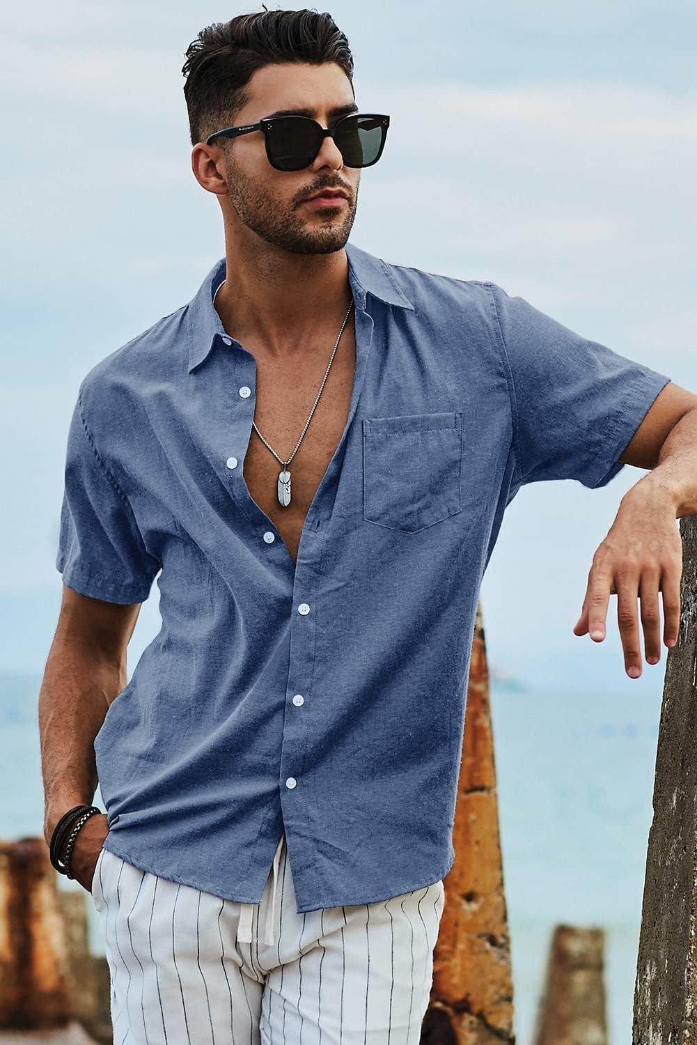 imageJMIERR Mens Casual Stylish Short Sleeve ButtonUp Striped Dress Shirt Cotton Beach ShirtsNavy Blue