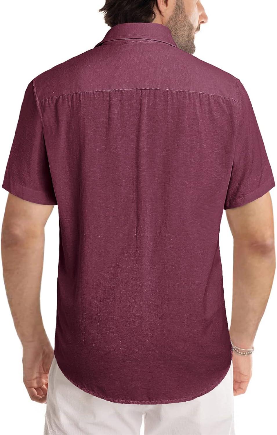 imageJMIERR Mens Casual Stylish Short Sleeve ButtonUp Striped Dress Shirt Cotton Beach ShirtsPurplish Red