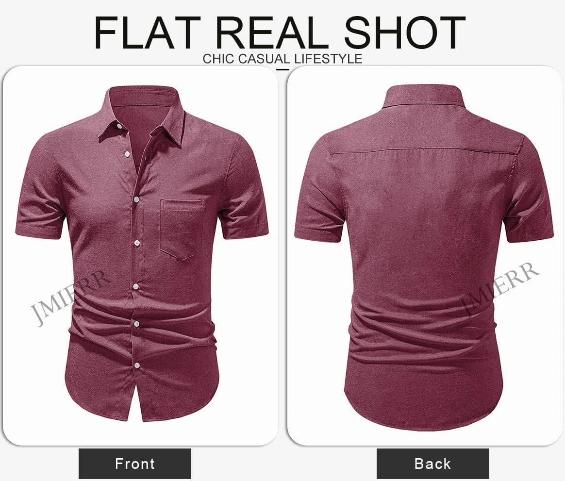 imageJMIERR Mens Casual Stylish Short Sleeve ButtonUp Striped Dress Shirt Cotton Beach ShirtsPurplish Red