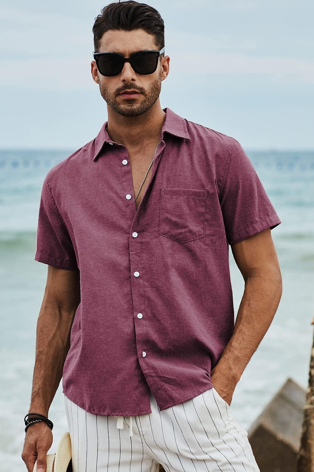 imageJMIERR Mens Casual Stylish Short Sleeve ButtonUp Striped Dress Shirt Cotton Beach ShirtsPurplish Red