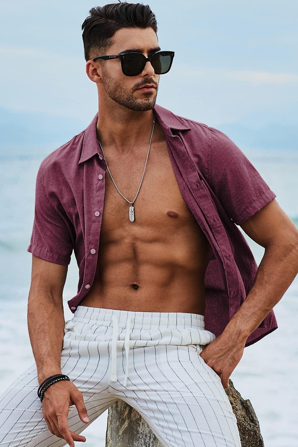 imageJMIERR Mens Casual Stylish Short Sleeve ButtonUp Striped Dress Shirt Cotton Beach ShirtsPurplish Red