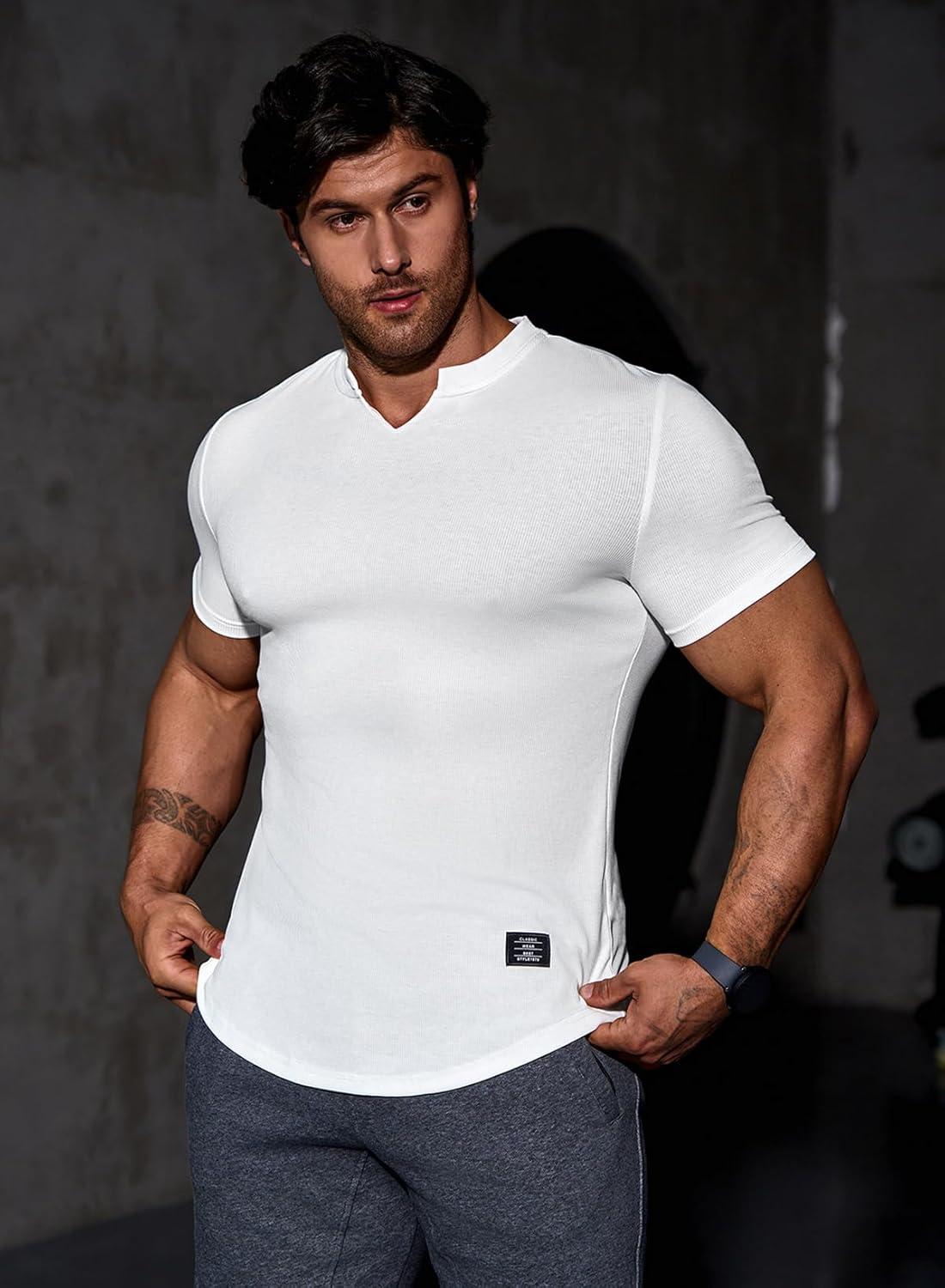 imageJMIERR Mens Muscle Slim T Shirts Texture V Neck Longline Henley Gym Workout Athletic Tee Shirt0 White