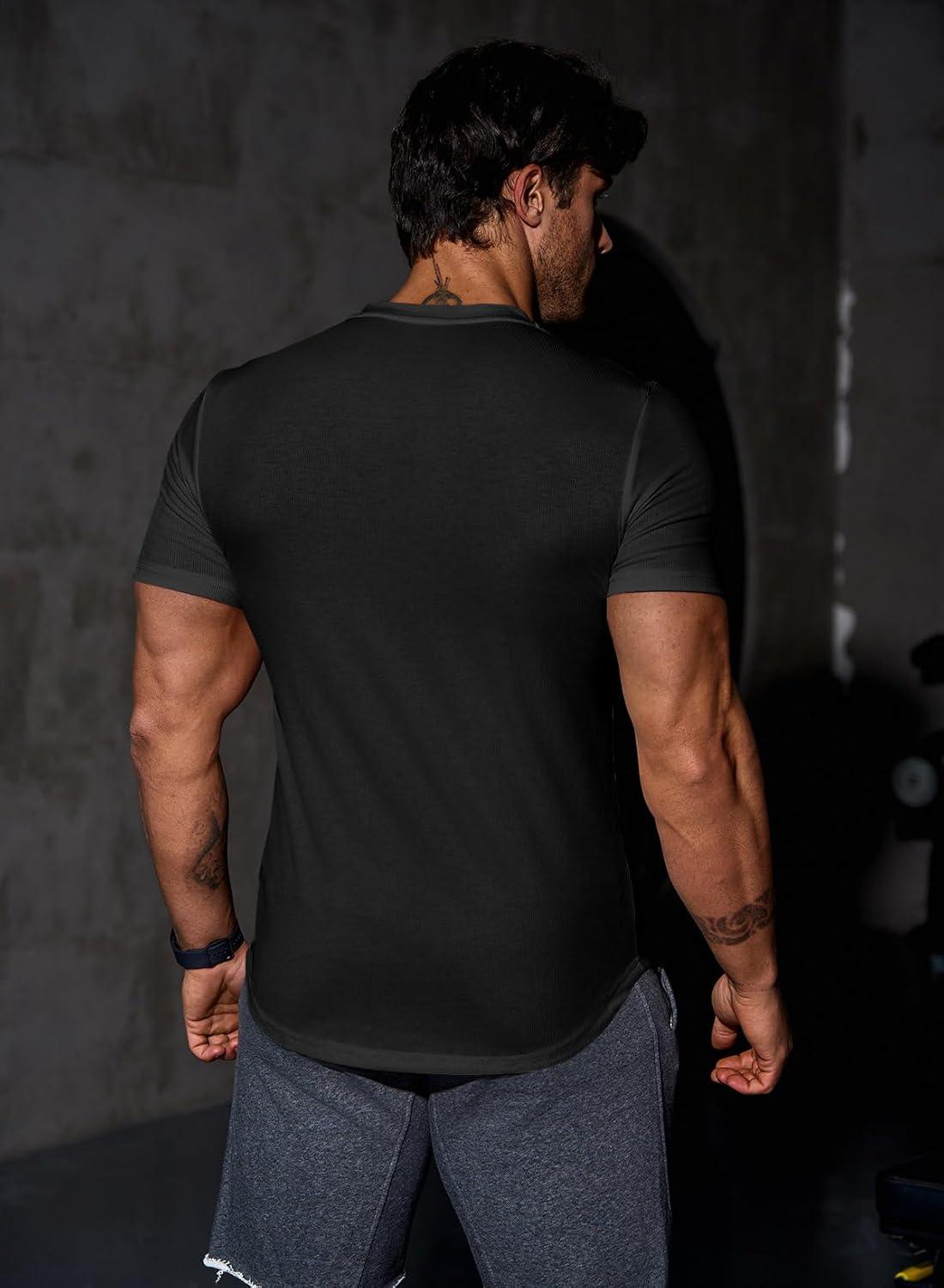 imageJMIERR Mens Muscle Slim T Shirts Texture V Neck Longline Henley Gym Workout Athletic Tee Shirt01 Black