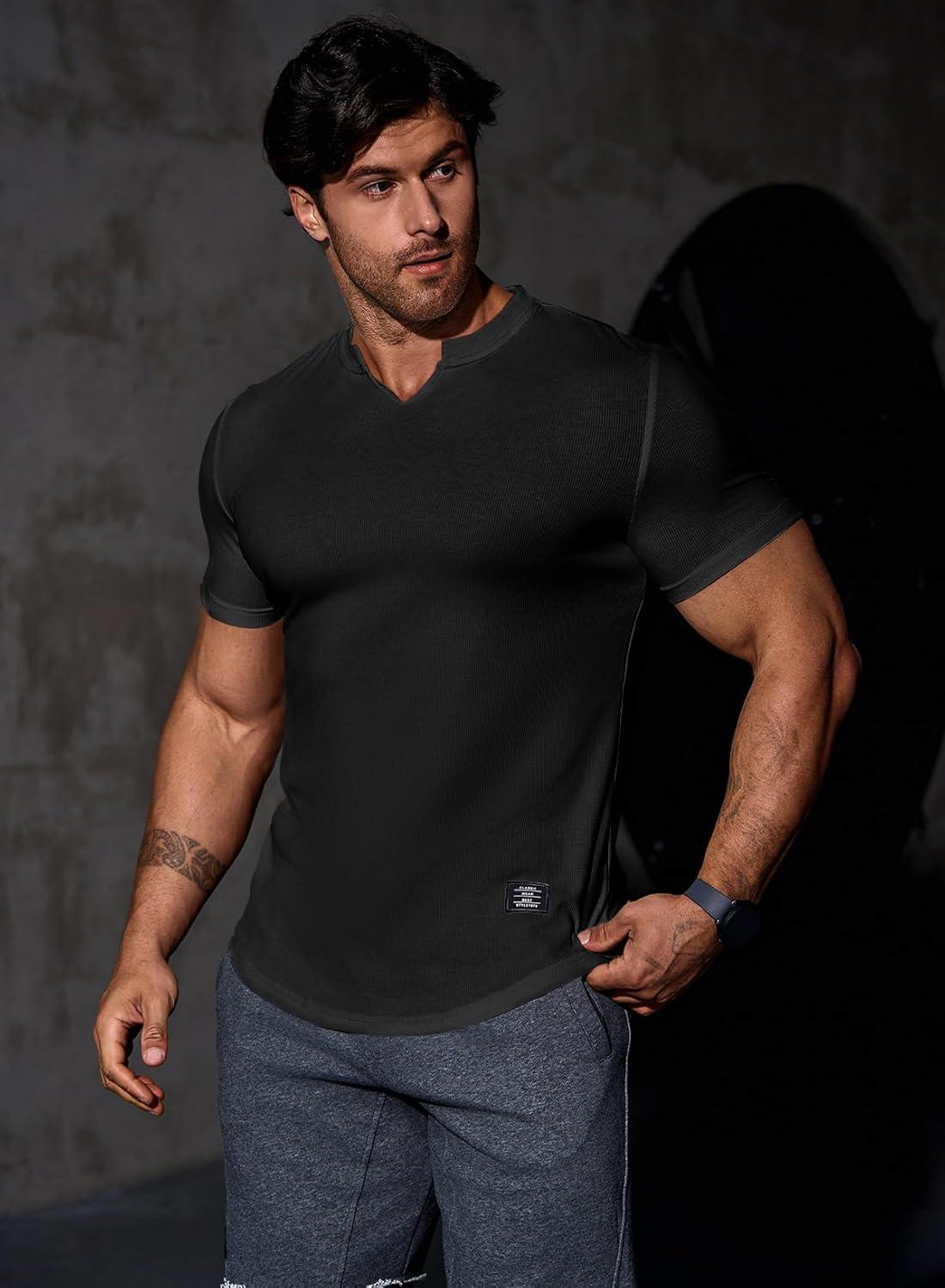 imageJMIERR Mens Muscle Slim T Shirts Texture V Neck Longline Henley Gym Workout Athletic Tee Shirt01 Black
