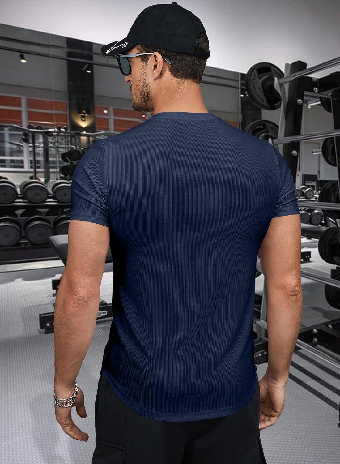 imageJMIERR Mens Muscle Slim T Shirts Texture V Neck Longline Henley Gym Workout Athletic Tee ShirtA Blue
