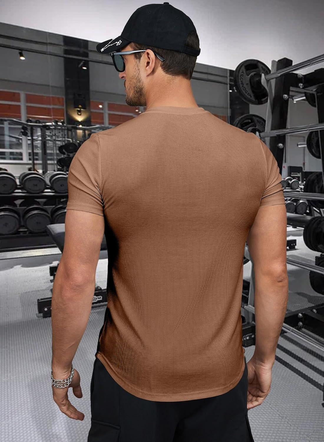 imageJMIERR Mens Muscle Slim T Shirts Texture V Neck Longline Henley Gym Workout Athletic Tee ShirtA Brown
