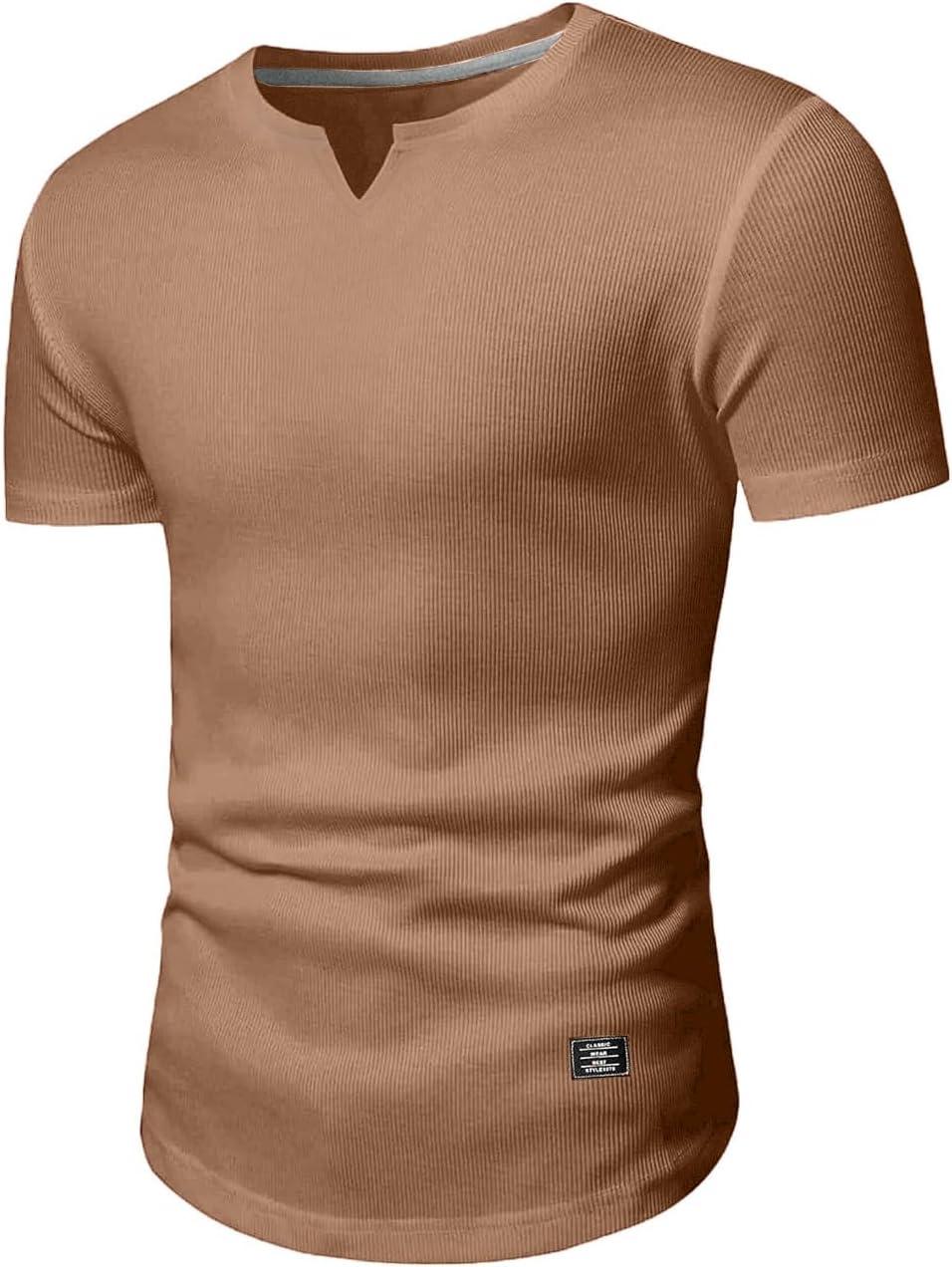 imageJMIERR Mens Muscle Slim T Shirts Texture V Neck Longline Henley Gym Workout Athletic Tee ShirtA Brown