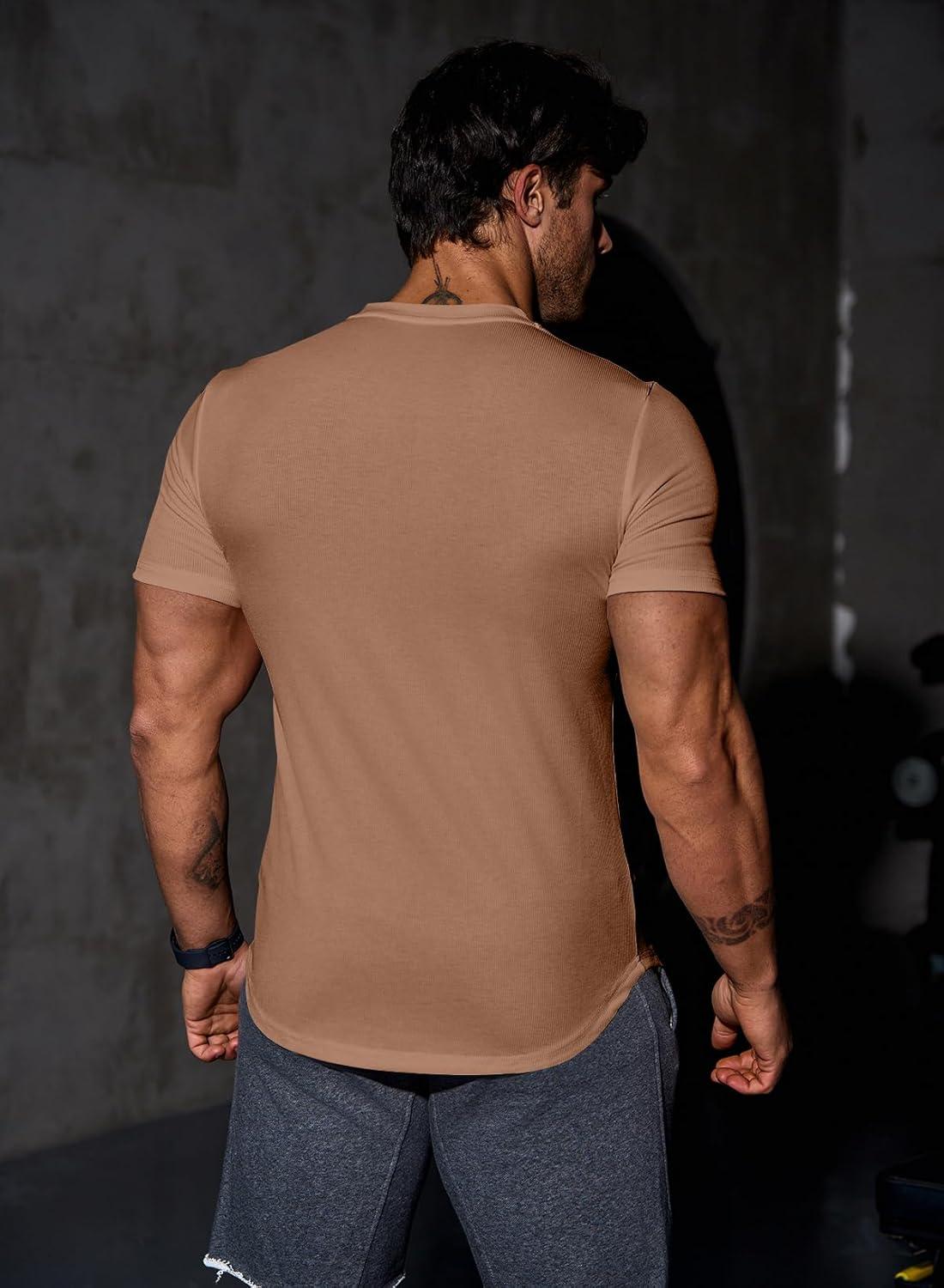 imageJMIERR Mens Muscle Slim T Shirts Texture V Neck Longline Henley Gym Workout Athletic Tee ShirtA Brown