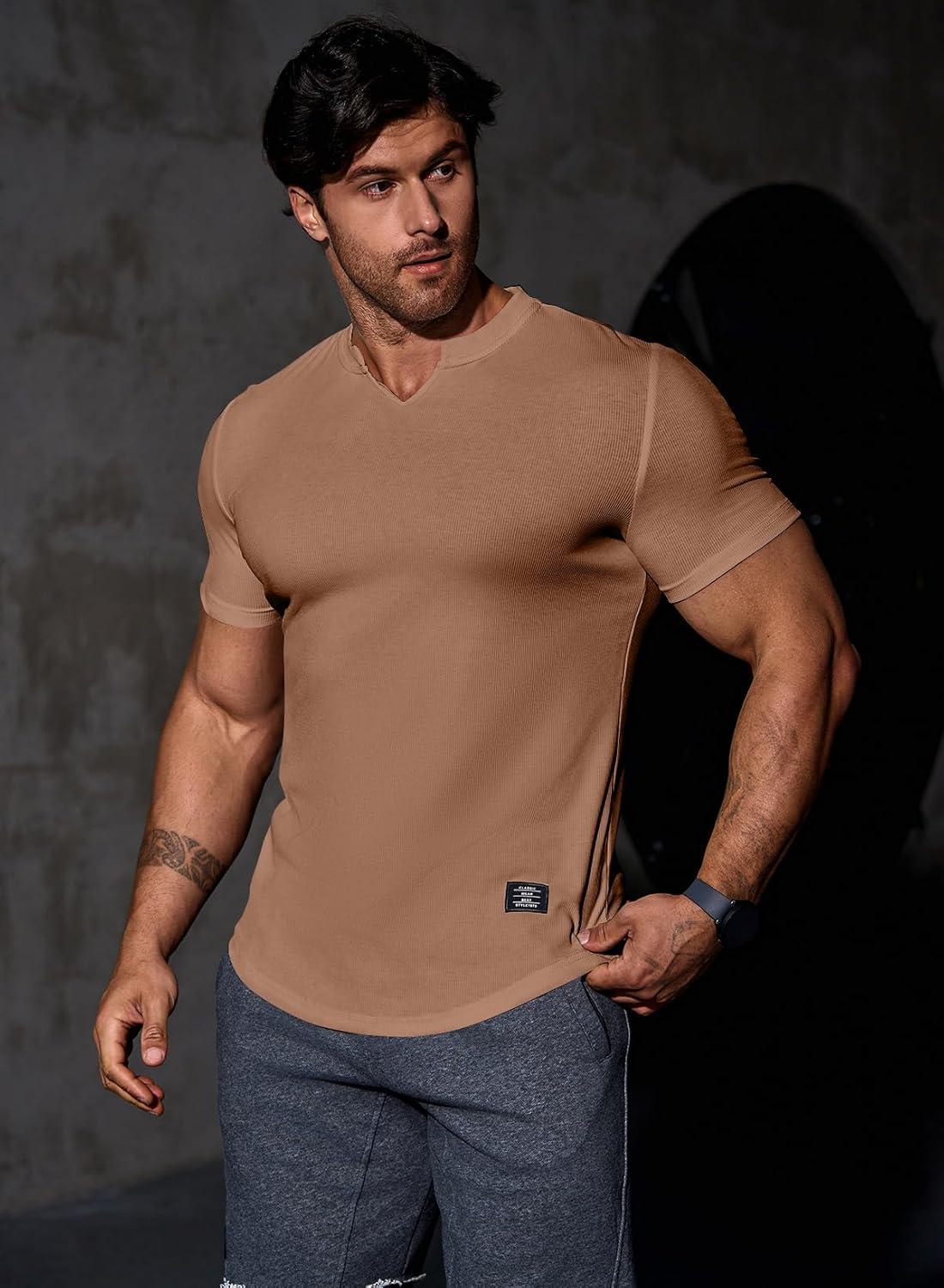 imageJMIERR Mens Muscle Slim T Shirts Texture V Neck Longline Henley Gym Workout Athletic Tee ShirtA Brown