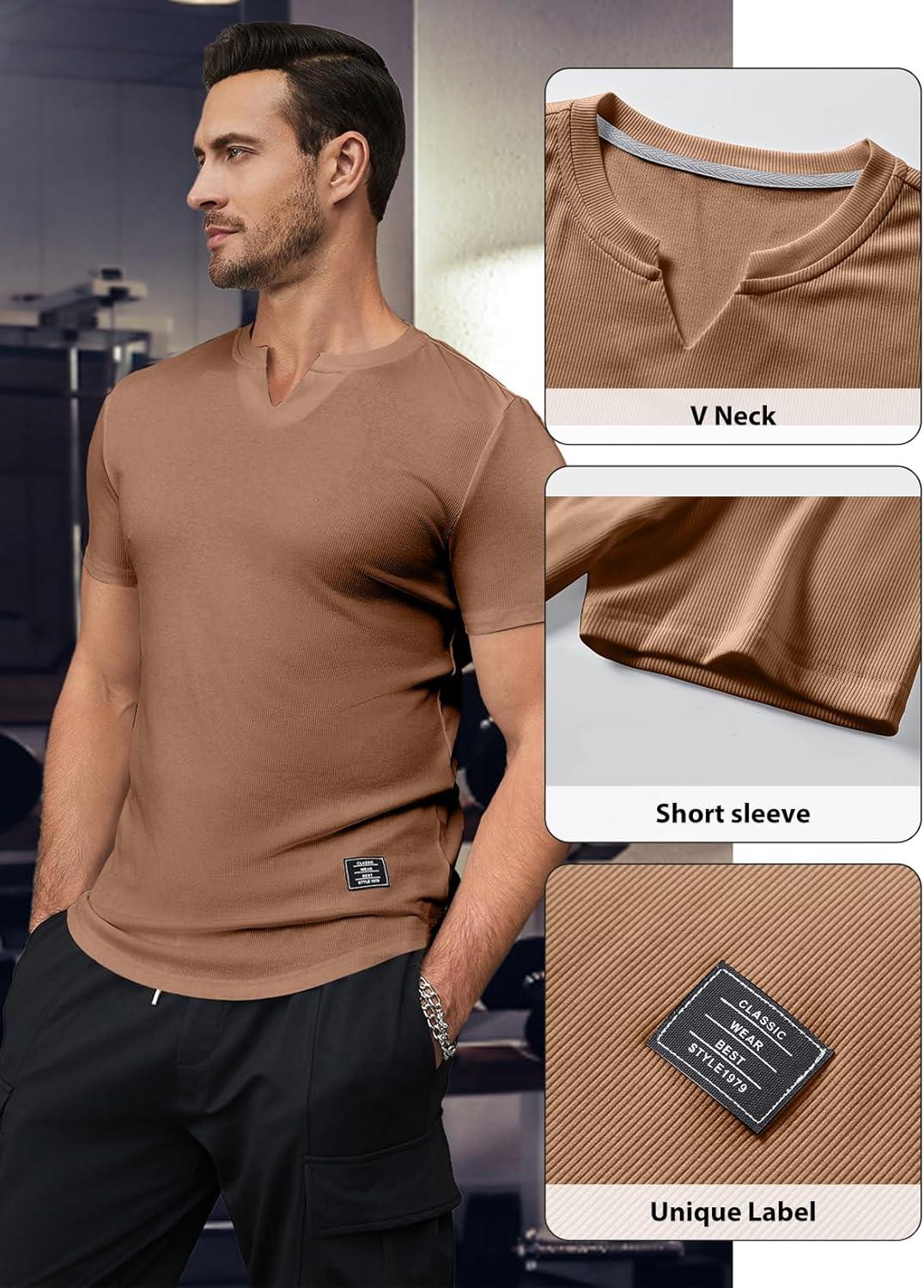 imageJMIERR Mens Muscle Slim T Shirts Texture V Neck Longline Henley Gym Workout Athletic Tee ShirtA Brown