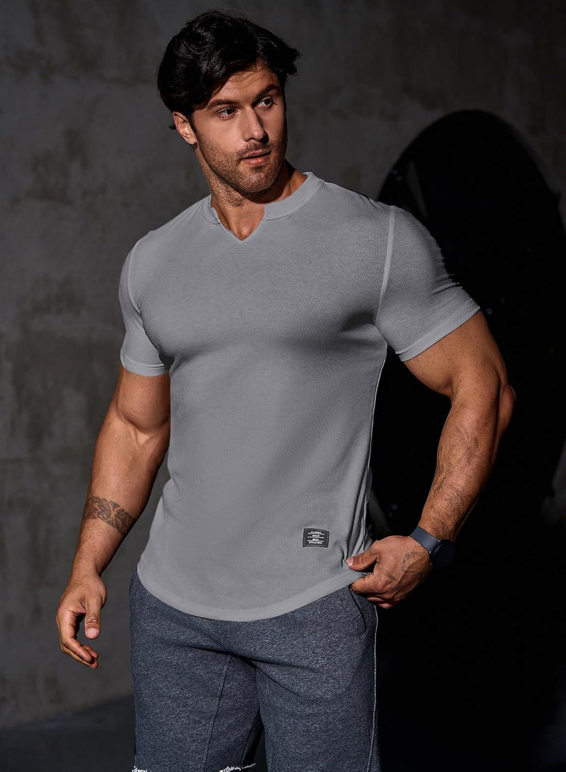 imageJMIERR Mens Muscle Slim T Shirts Texture V Neck Longline Henley Gym Workout Athletic Tee ShirtA Grey