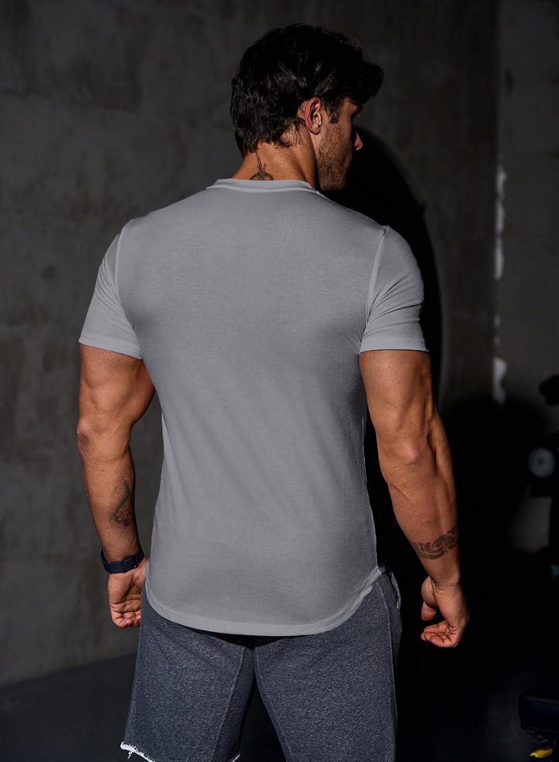 imageJMIERR Mens Muscle Slim T Shirts Texture V Neck Longline Henley Gym Workout Athletic Tee ShirtA Grey