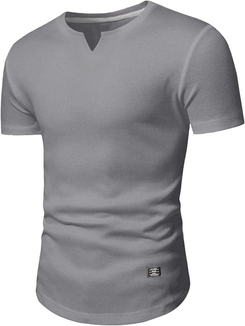 imageJMIERR Mens Muscle Slim T Shirts Texture V Neck Longline Henley Gym Workout Athletic Tee ShirtA Grey