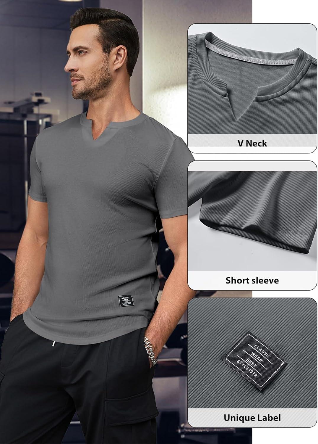 imageJMIERR Mens Muscle Slim T Shirts Texture V Neck Longline Henley Gym Workout Athletic Tee ShirtA Grey