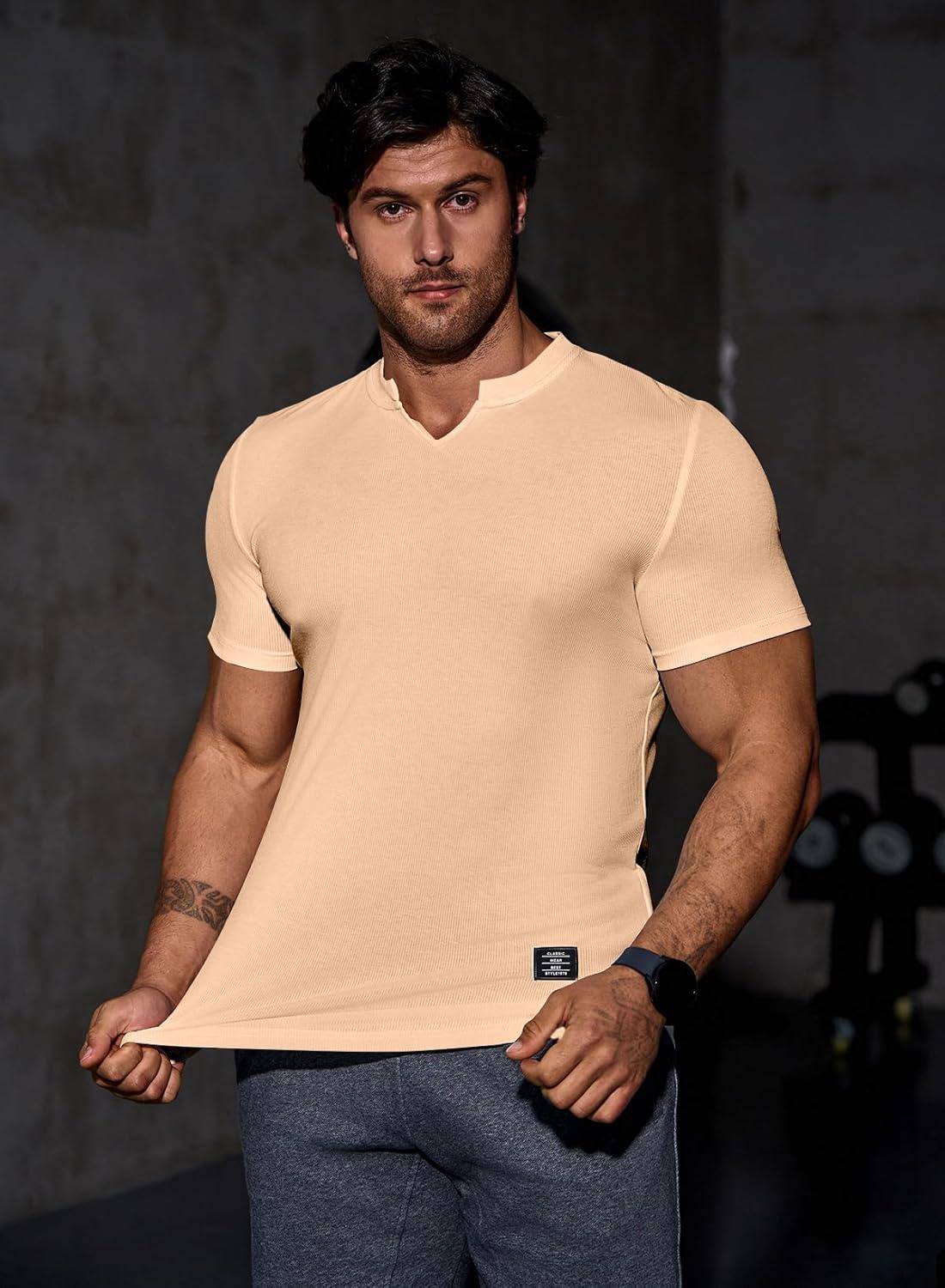 imageJMIERR Mens Muscle Slim T Shirts Texture V Neck Longline Henley Gym Workout Athletic Tee ShirtA Khaki